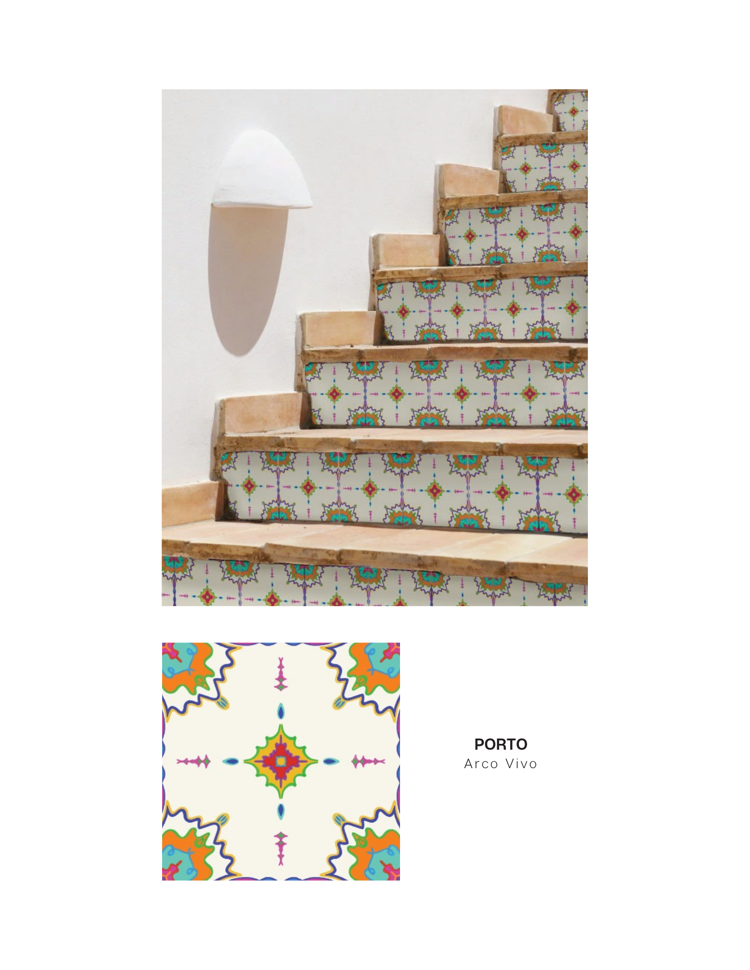 Fourth tile line and photoshopped vignette - Line Porto, Colorway Arco Vivo. Modern curved lineweight design in neon bright colors with cream background.