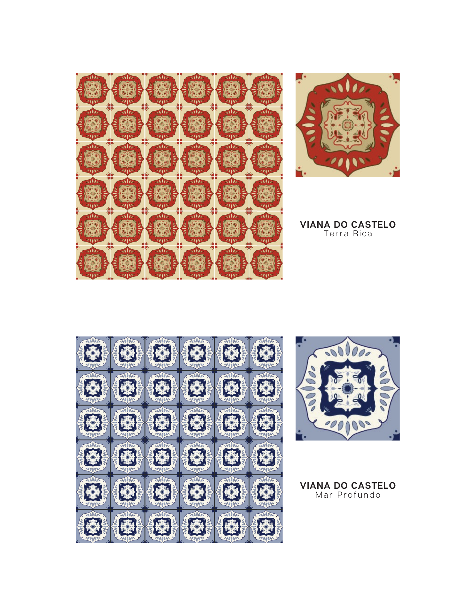 Third tile line - Line Viana Do Castelo, ColorwayTerra Rica & Mar Profundo. Symmetrical design in red, beige and brown & periwinkle blue and navy.