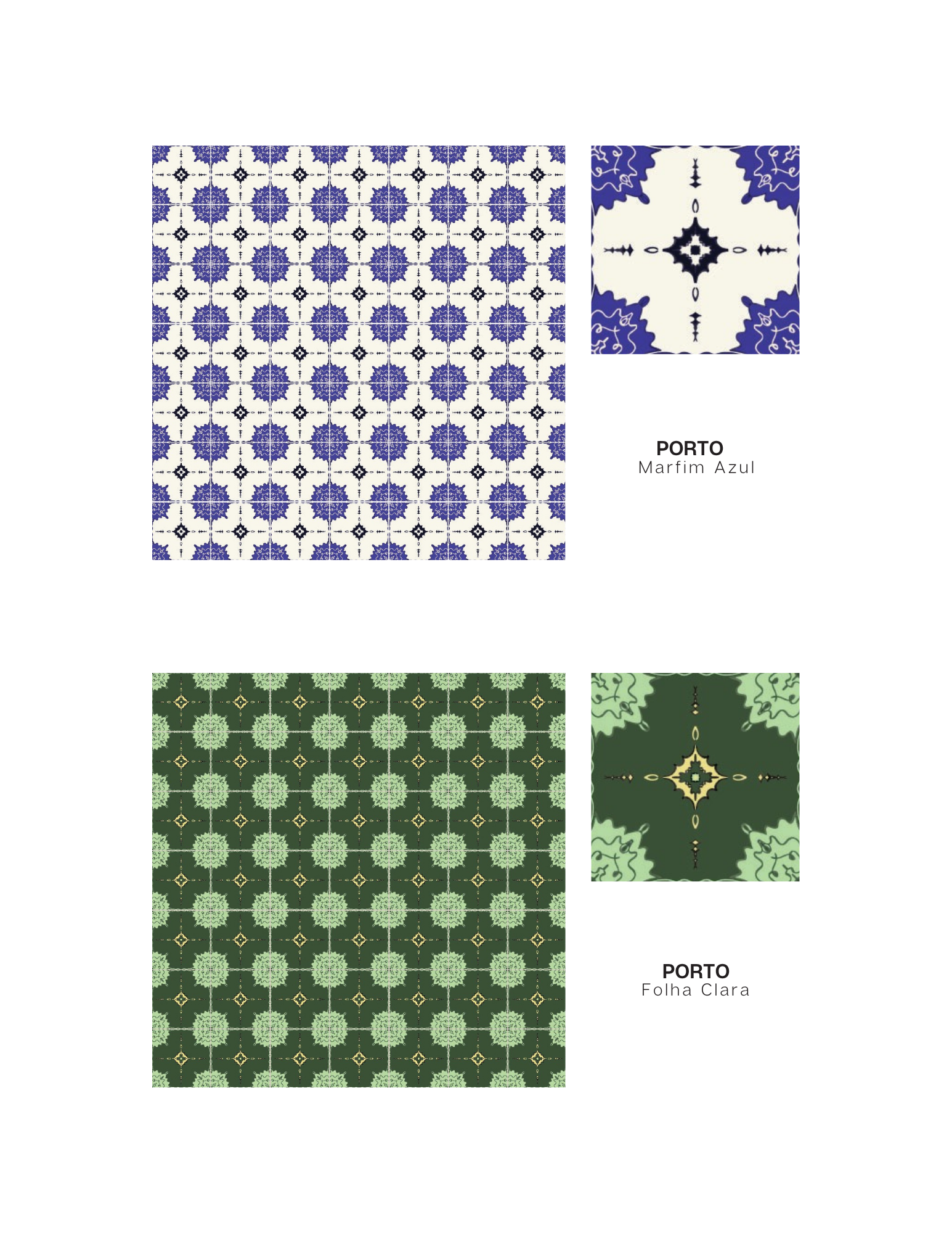 Fourth tile line - Line Porto, Colorway Marfim Azul & Folha Clara. Modern curved lineweight design in deep blue and cream & deep and light green, with yellow.