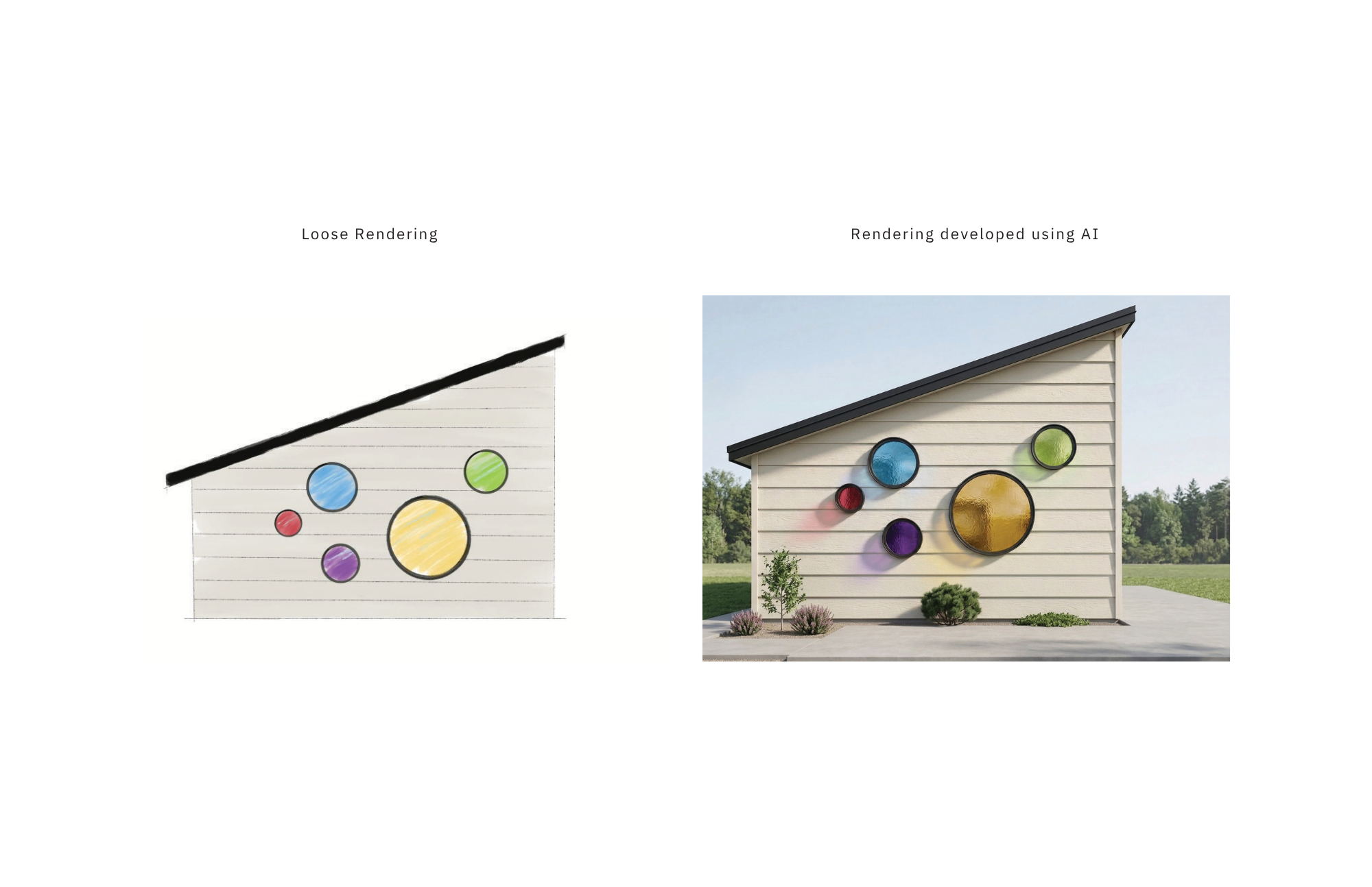 Rendering development shows roughs of the exterior left wall of the creative studio with circular colored glass windows digitally watercolored, into AI developed images.