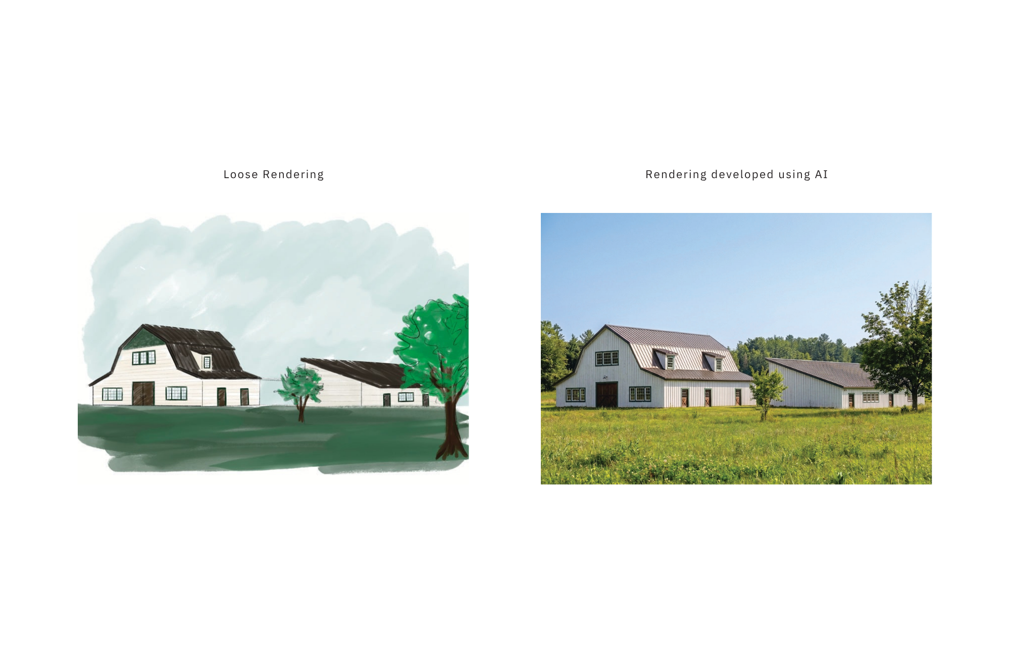 Rendering development shows roughs of the exterior of the building digitally watercolored, into AI developed images.