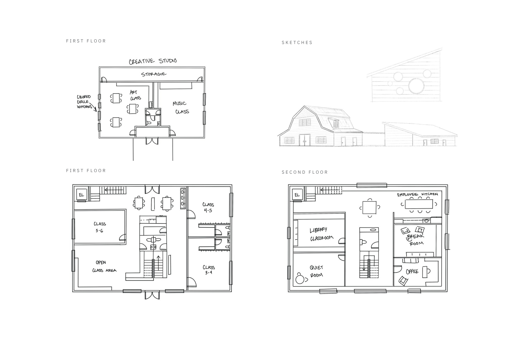 First and second floorplan drawings, plus the creative studio floorplan, as well as exterior sketches.&nbsp;