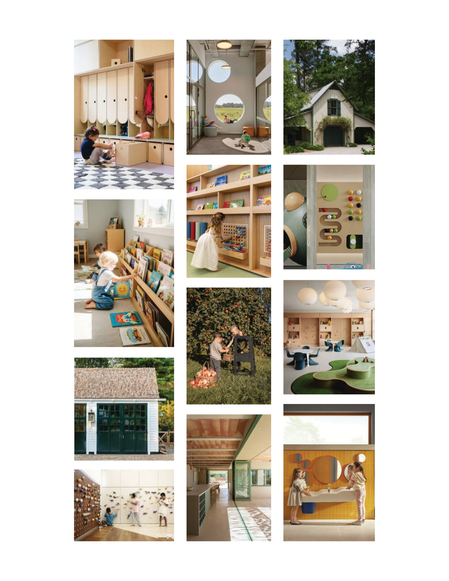 Inspiration and mood board displaying montessori design and refurbished exteriors of barns (as an adaptive reuse project).