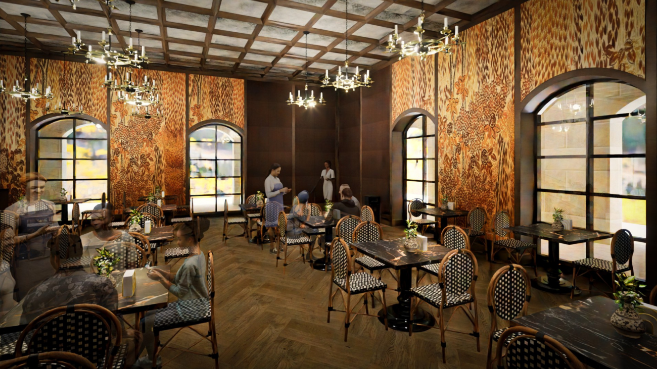 A Parisian-style cafe with bistro chairs and tables, and chandeliers
hanging from the mirrored ceiling.