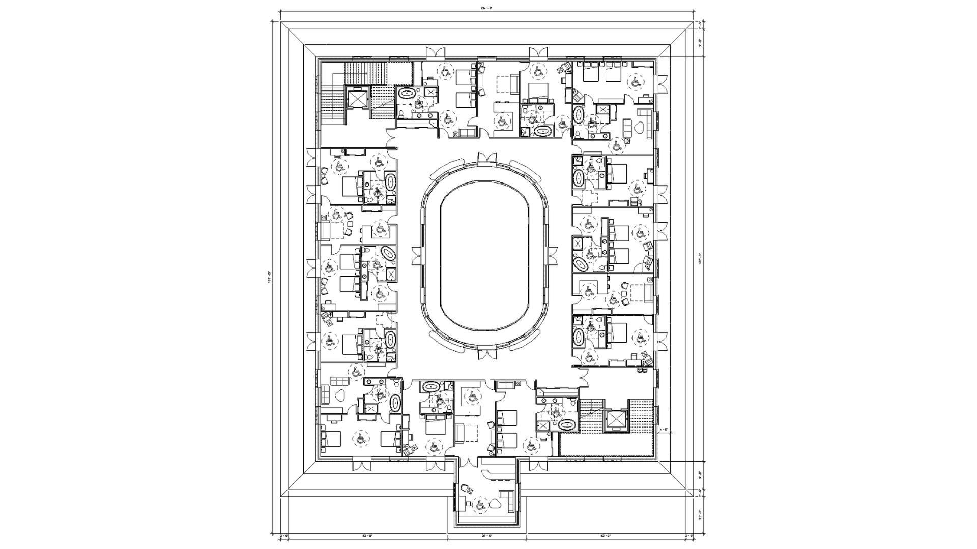 A floor plan depicting the second level of a hotel with guest rooms on either side of a shared
living room.