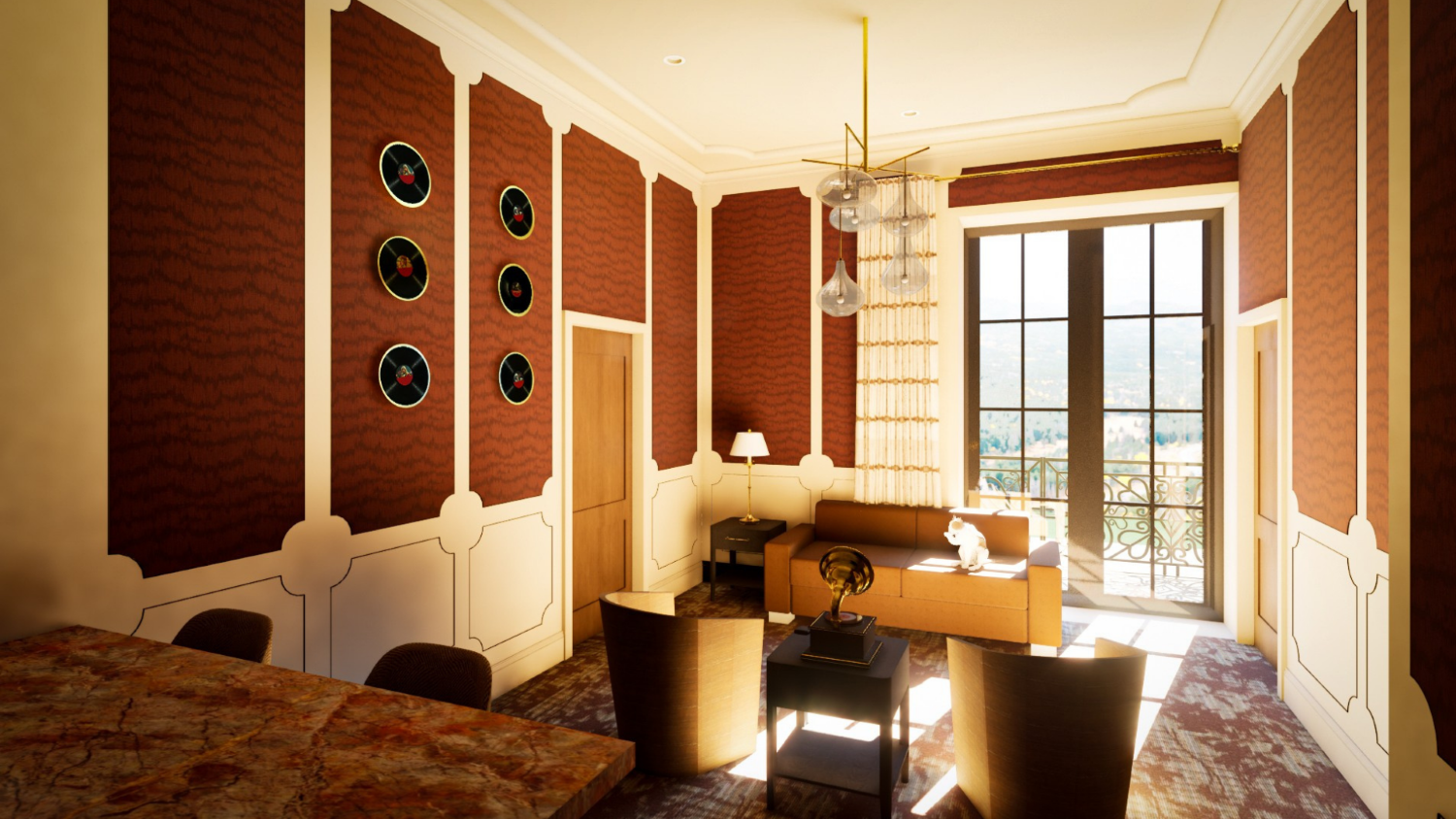 A living room with a large glass door leading to a balcony. Taylor Swift
memorabilia hangs on the walls.