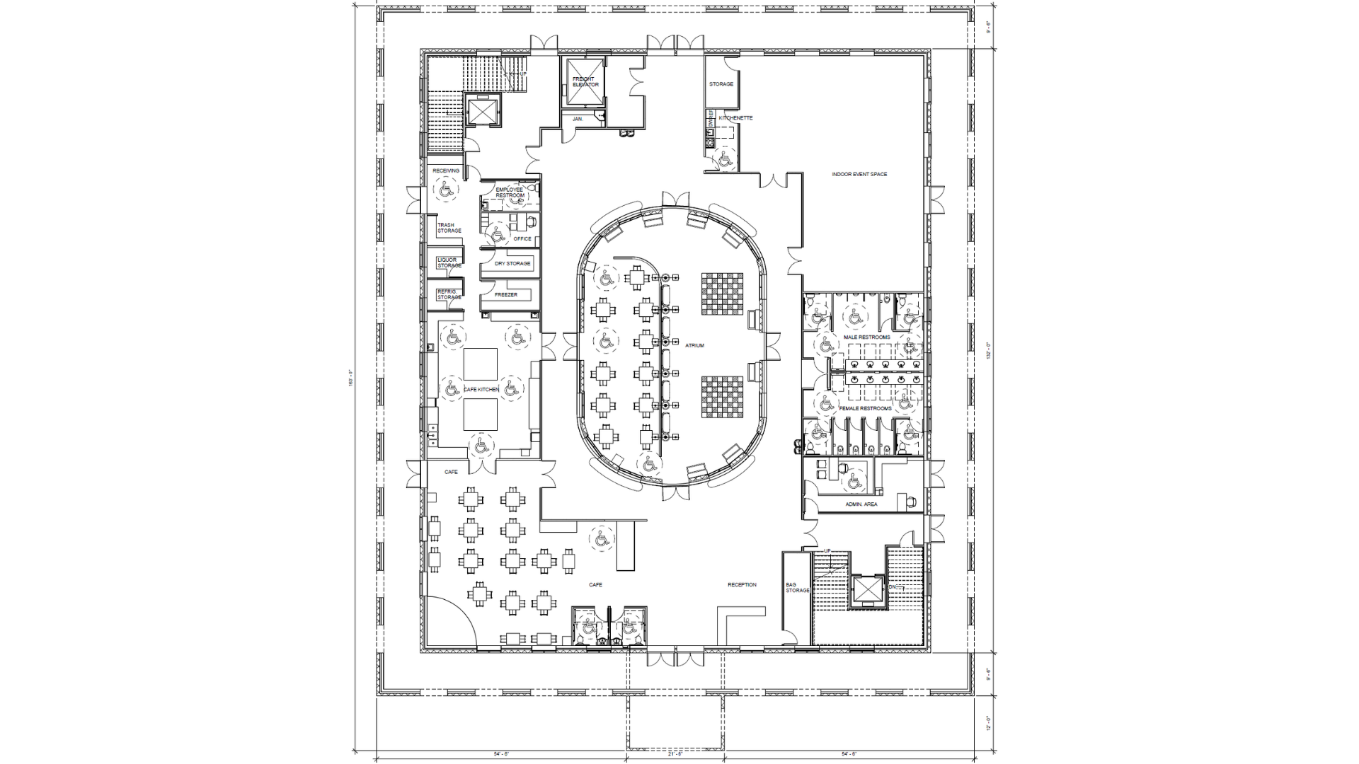 A floor plan depicting the main level of a hotel with reception, a cafe, an inner oval atrium, and a
ballroom event space.