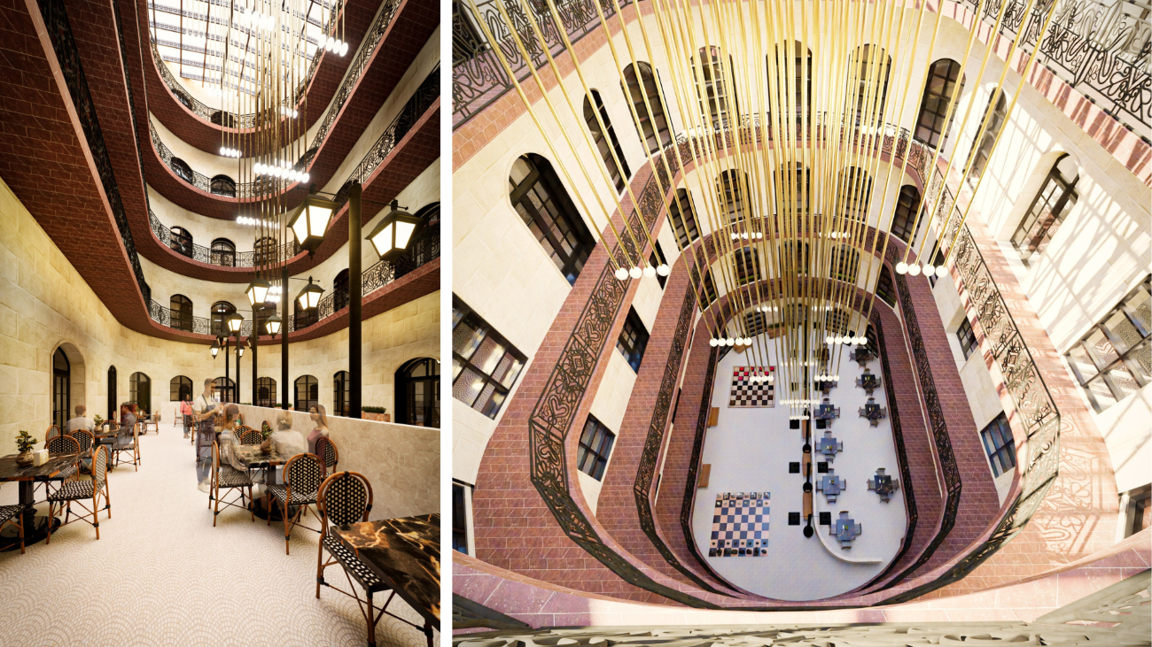 Two interior renderings depicting an inner atrium of a hotel that vertically spans 5 stories. The
bottom level has a dining area, and there is a large chandelier hanging from a glass skylight