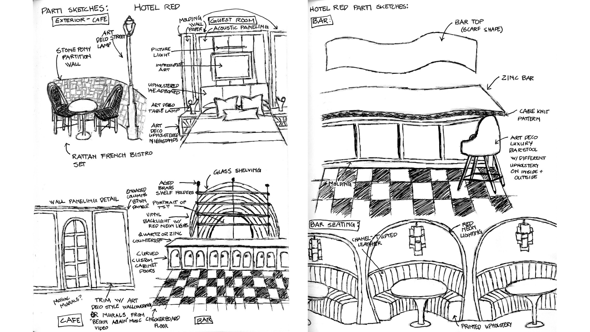 Sketches of spaces for Hotel Red, including an outdoor cafe, guest bedroom, bar, and
restaurant seating areas.