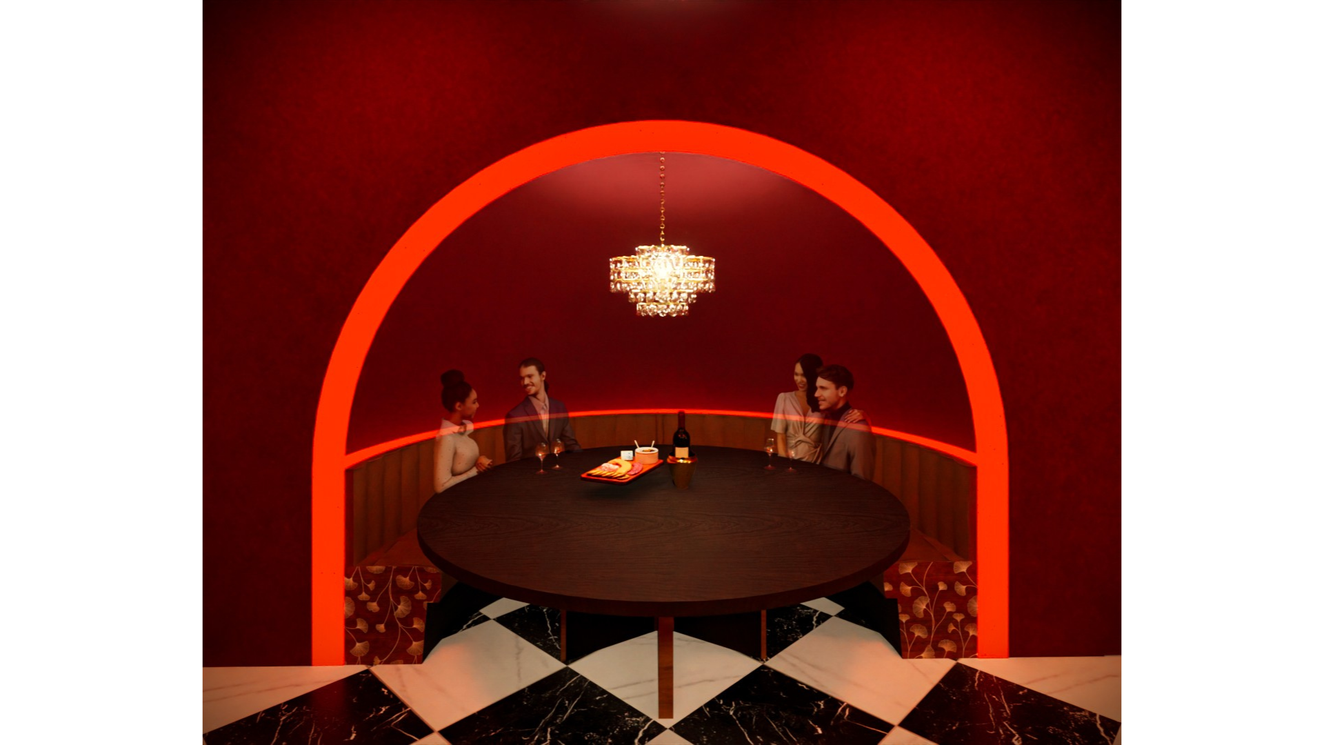 A curved banquette recessed into the wall. Red neon lights curve around the recessed opening.