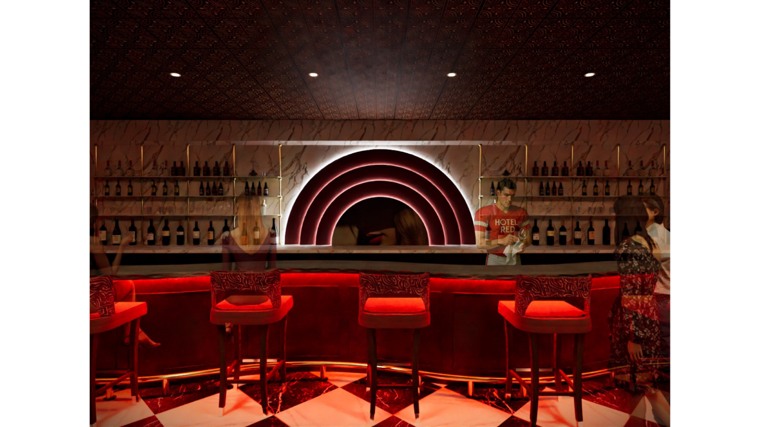 An interior rendering of a hotel bar with a large vinyl record on the wall featuring Taylor Swift’s
face. The bartender is wearing a “Hotel Red” football jersey.
