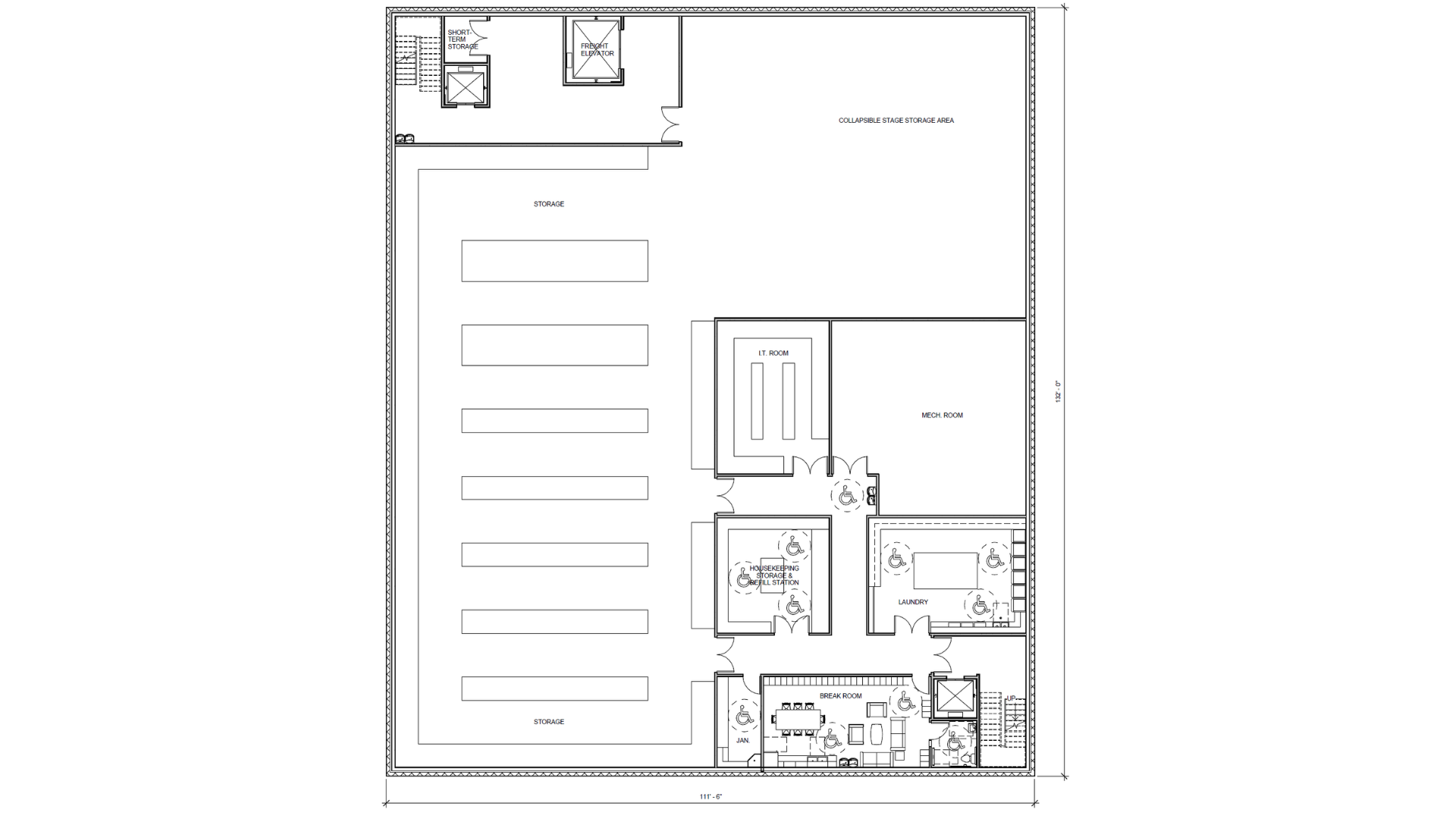A floor plan depicting the basement of a hotel with back of house spaces, such as laundry,
storage, mechanical, IT, housekeeping, and an employee break area.