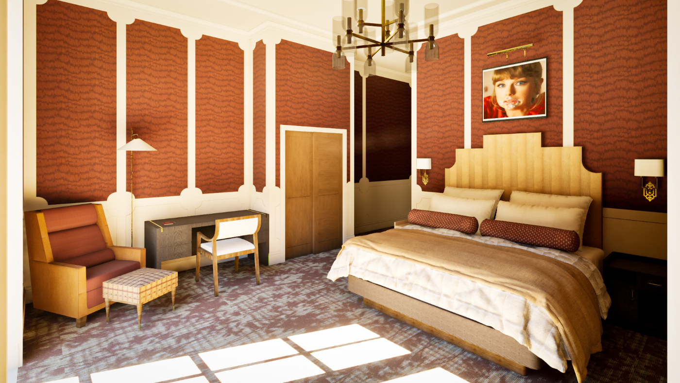 A guest room with a king bed, desk, and lounge chair in a color scheme featuring red and cream hues.