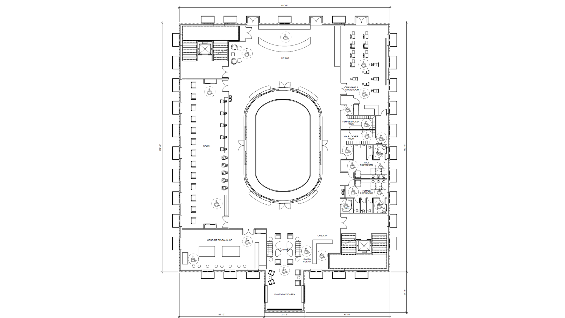 A floor plan depicting the 4th level of a hotel with a locker room, massage room, lip bar, salon,
retail space, and a photo booth area.