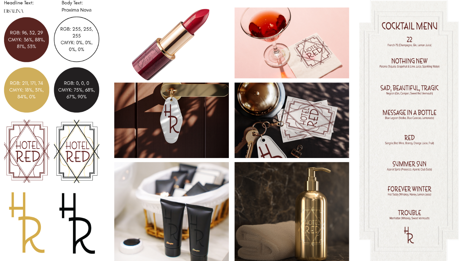 A branding package detailing colors and text styles for the Hotel Red brand. A variety of logo
applications are depicted, such as a lipstick bottle, cocktail menu, room key, and toiletry set