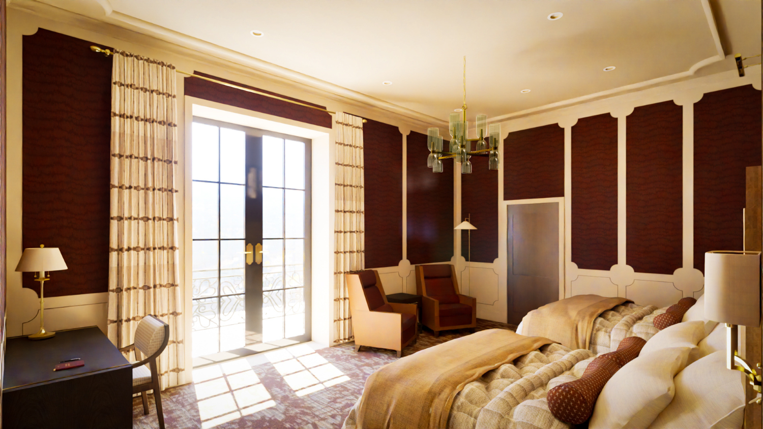 A guest room with two queen beds and a glass french door leading to a
balcony.