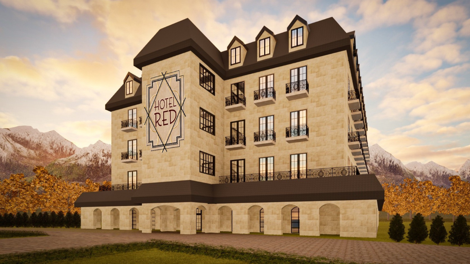 The exterior rendering of a Parisian-style hotel in Salt Lake Valley with limestone walls, asphalt
single roofs, and balcony windows.