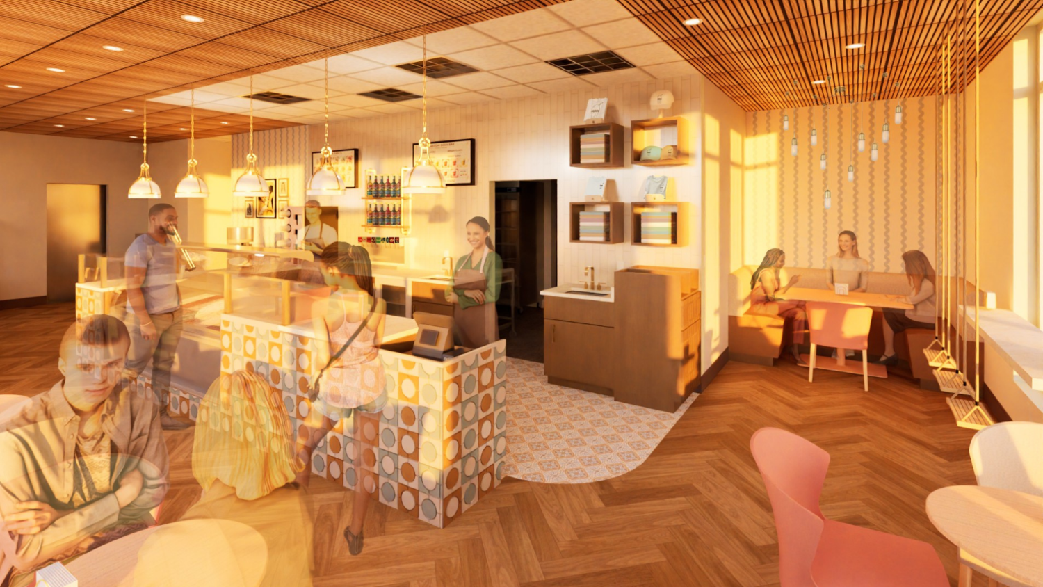An ice cream/dirty soda shop showing dining seating and the register counter.
