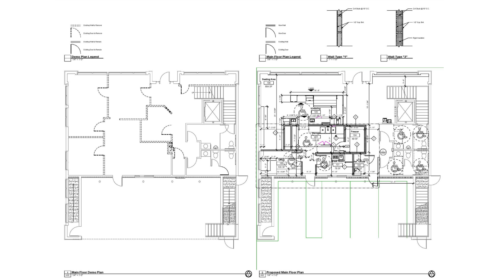 Construction documents showing the demolition and proposed floor plans for a tenant improvement ice cream/soda shop.