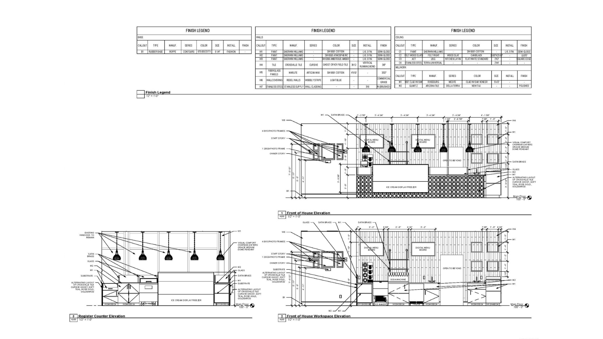 Construction documents depicting the interior elevations for a tenant improvement ice cream/dirty soda shop.