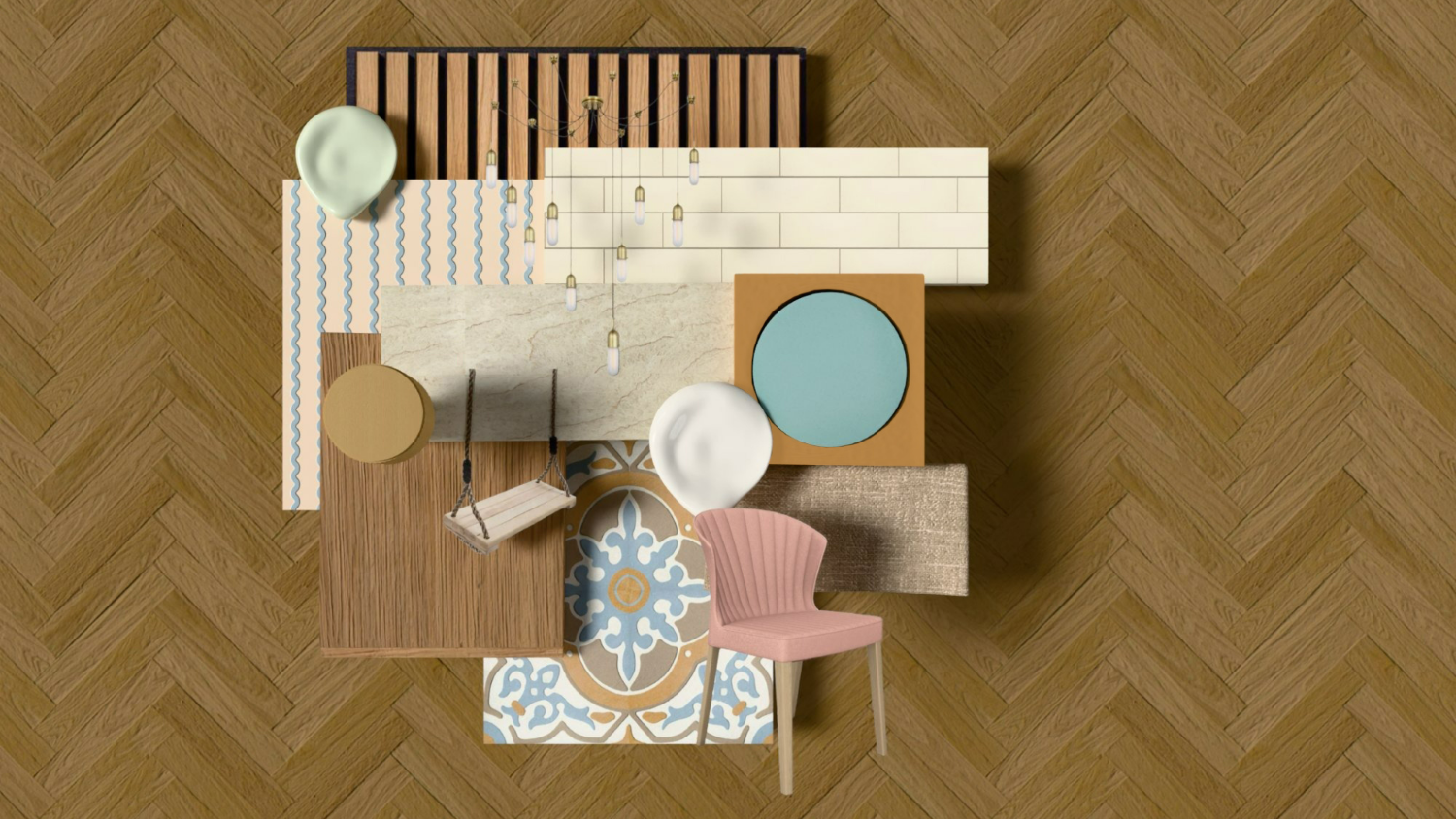 A material board of finishes, including a herringbone wood floor, wood slat ceiling tiles, wall and floor tiles, and paint samples.