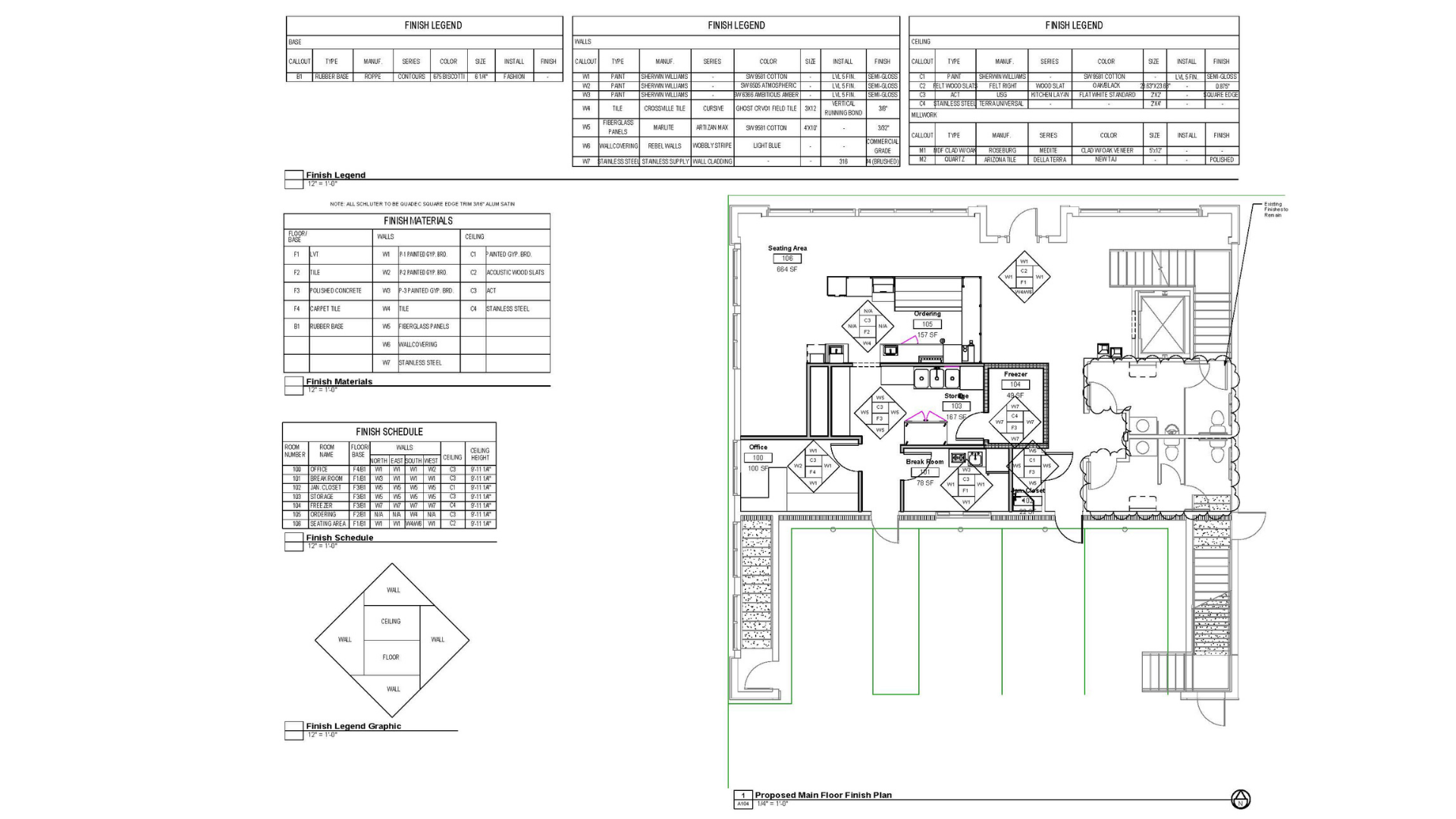 Construction documents depicting the finish plan of a tenant improvement ice cream/dirty soda shop.