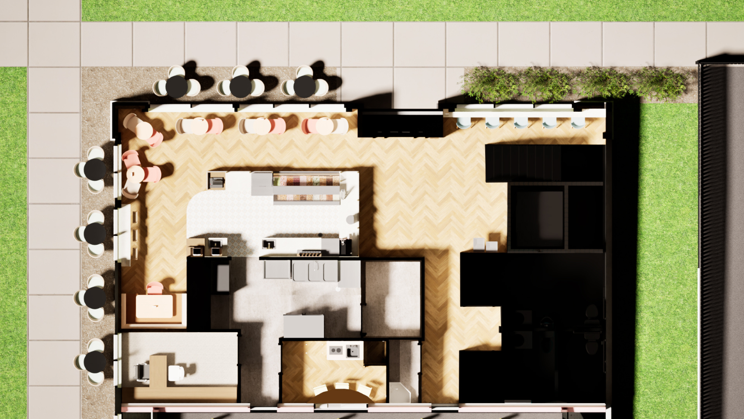 A rendered floor plan depicting the furniture and finishes in an ice cream/dirty soda shop.