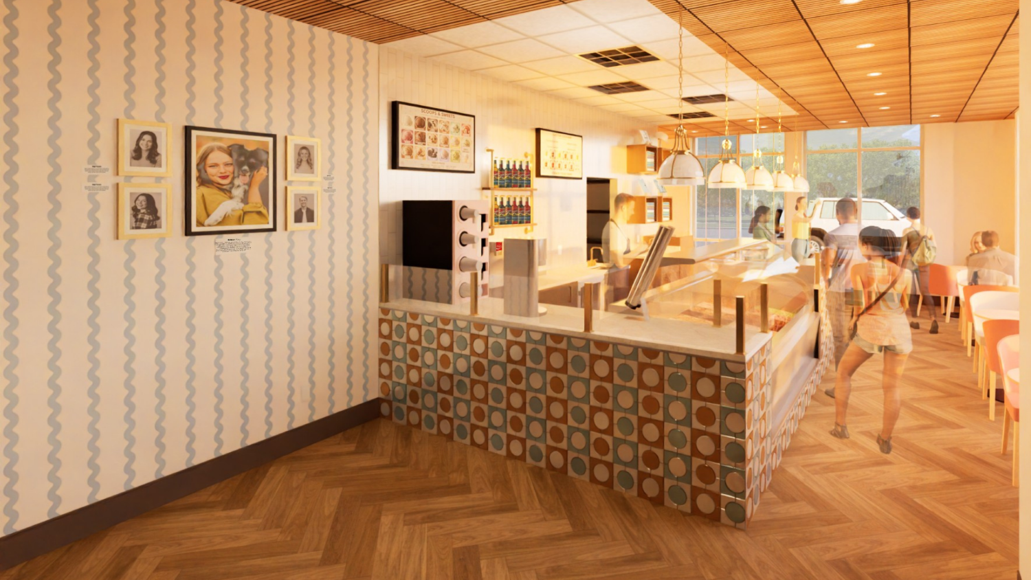 The front of an ice cream shop/dirty soda with an ice cream display freezer and ordering counter.