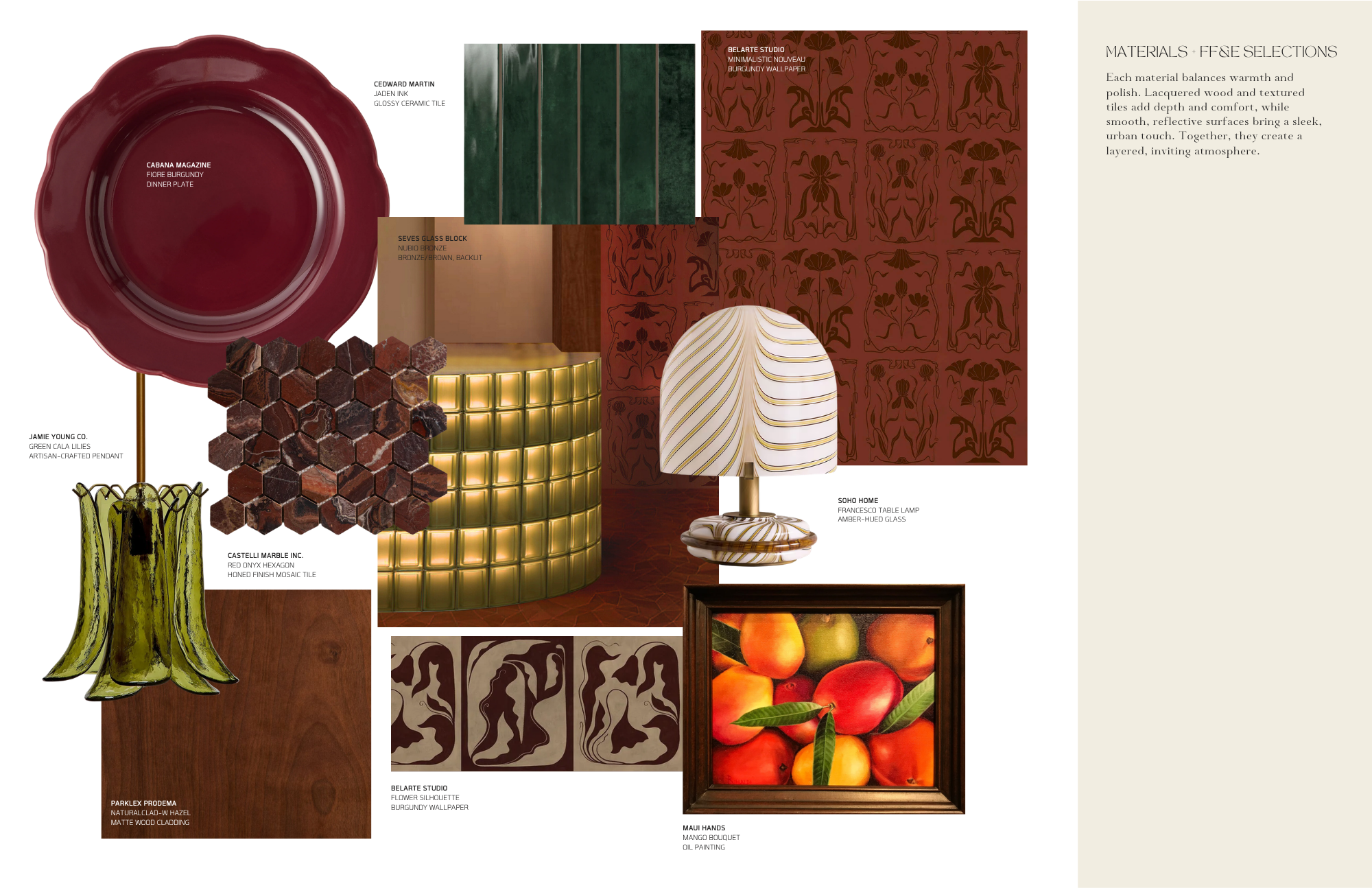 Materials and FF&E selections board featuring a red scalloped plate, green glass vase,
marble hex tile, green glazed tile, patterned red wall tile, wood finish, decorative lamp,
and framed fruit artwork in warm red and green tones.
