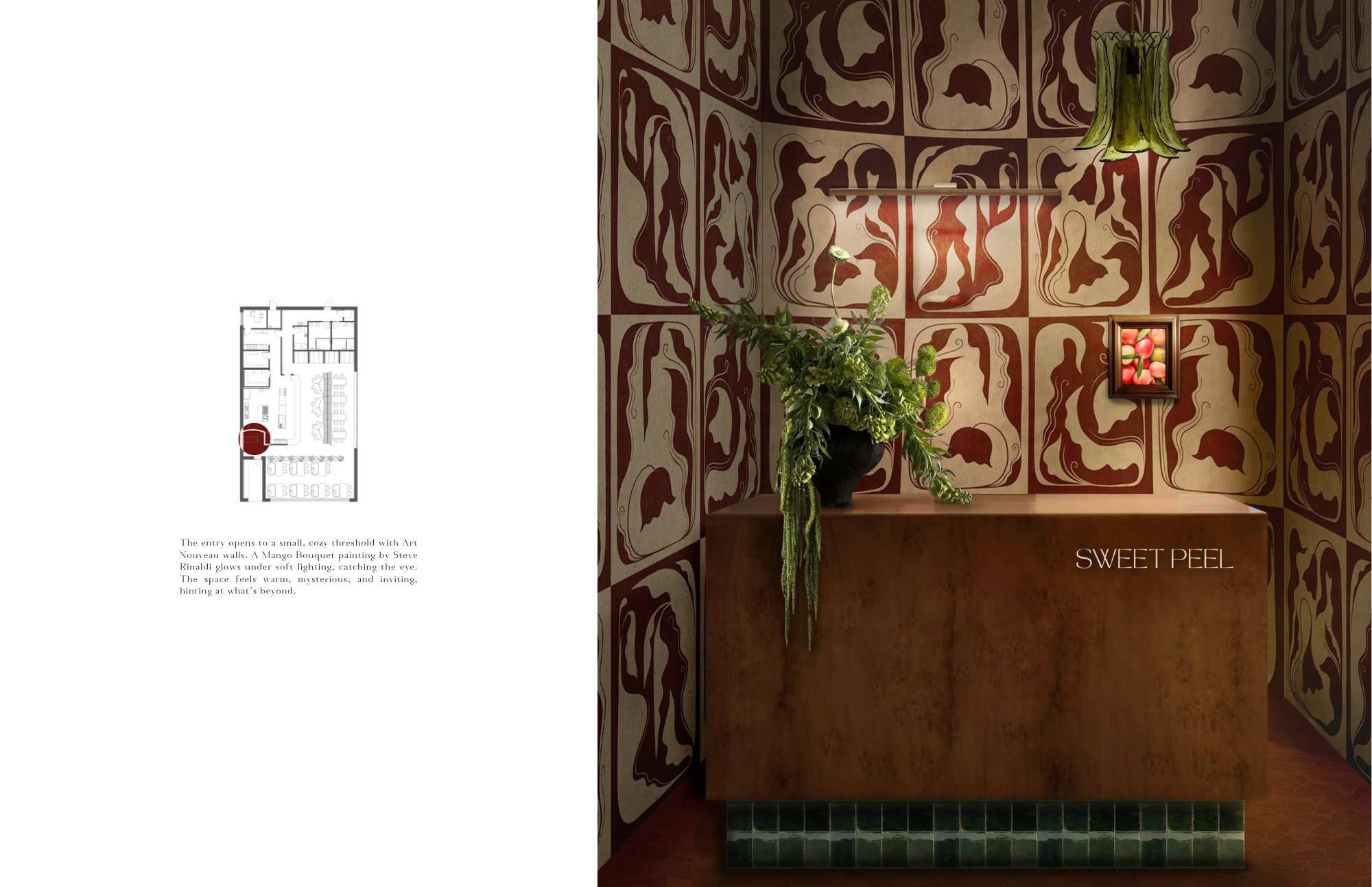 Entry rendering with patterned red tile walls, wood host stand, green tile base, hanging
green glass pendant, and plant arrangement, labeled “Sweet Peel,” with small floor plan
indicating entry location.