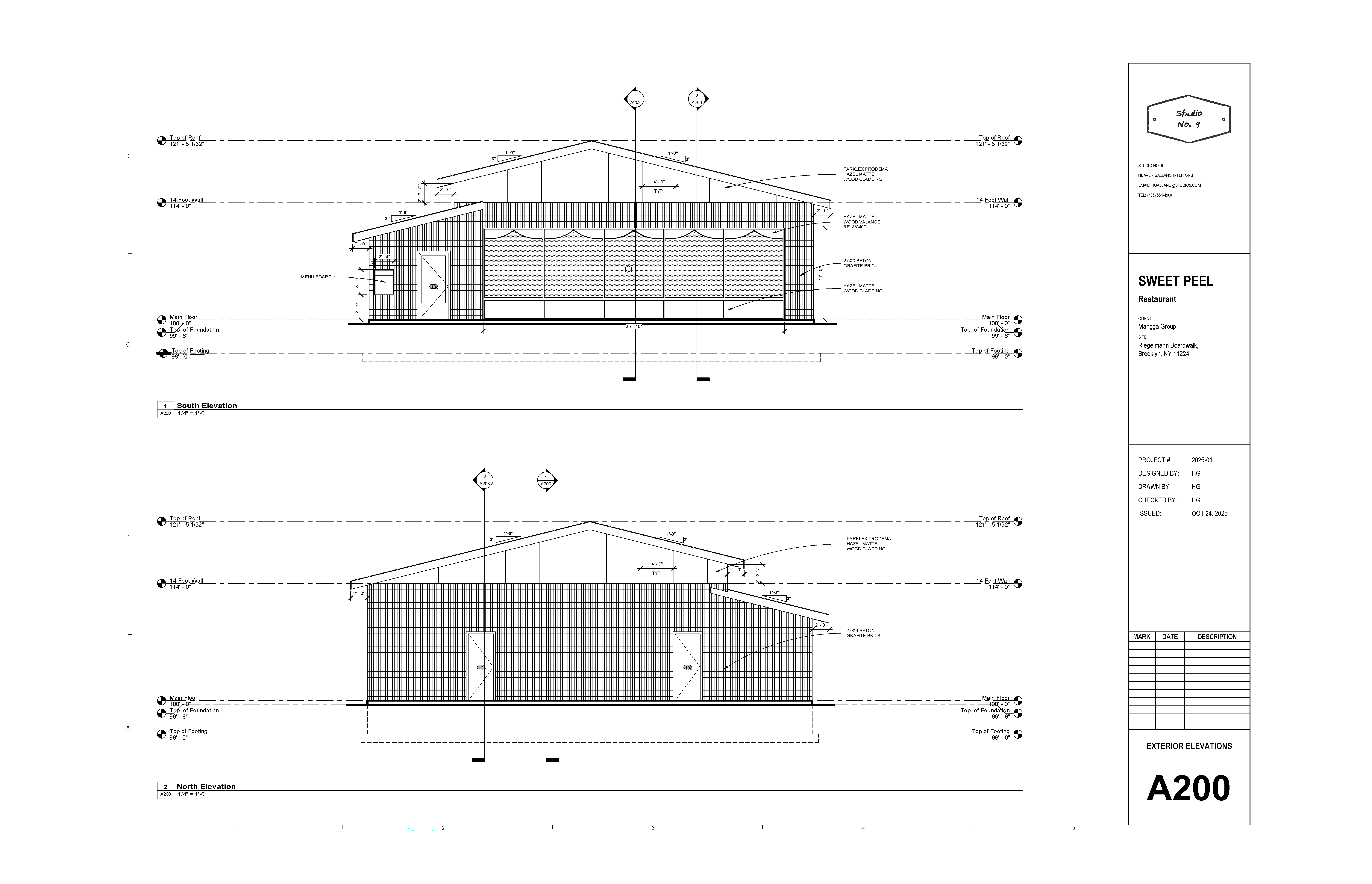 Exterior elevation sheet showing two building elevations with sloped rooflines, annotated
dimensions, material notes, and title block labeled “Sweet Peel” and sheet number A200.