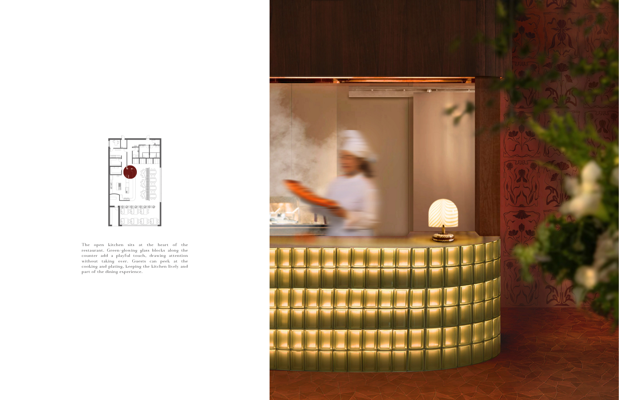Open kitchen rendering with curved green glass tile counter, warm wood cabinetry, small
table lamp, and blurred chef in motion, with adjacent patterned red wall and floor plan
highlighting kitchen location.