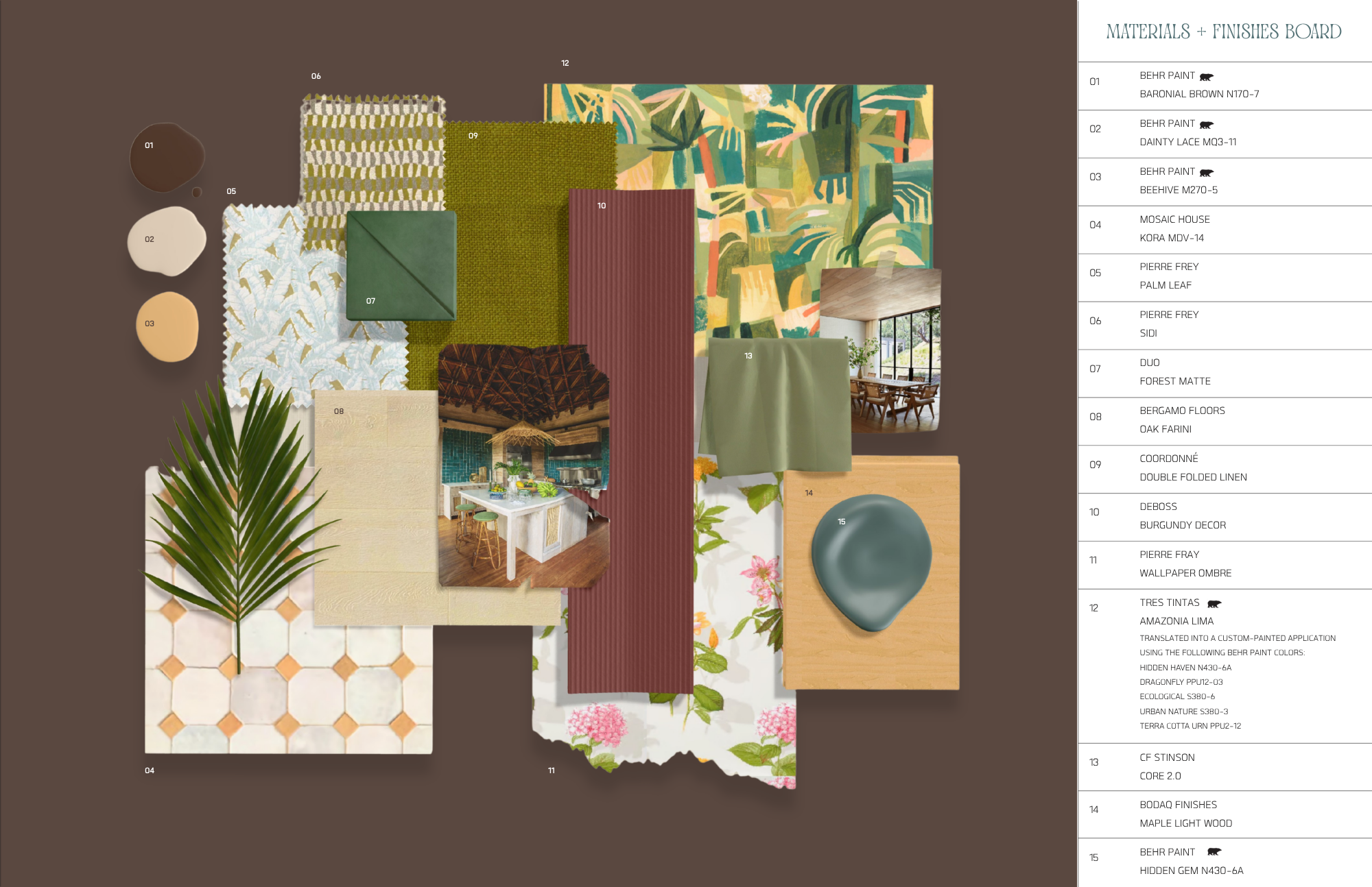 Materials and finishes board with layered samples including tropical wallpaper, green tile,
wood finishes, textiles, palm imagery, hex tile flooring, and paint swatches, alongside
labeled materials list