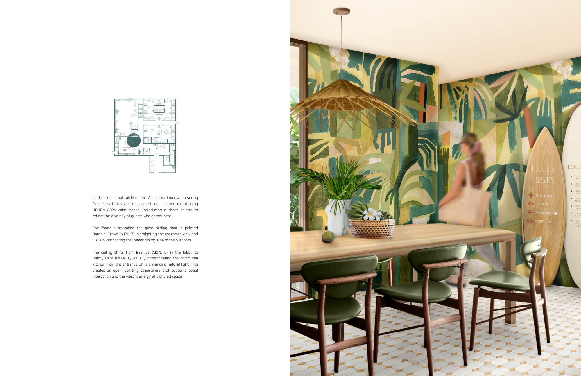 Communal kitchen rendering with tropical mural walls, wood table, green seating, woven
pendant light, plants, and surfboard accent, with floor plan indicating kitchen location.