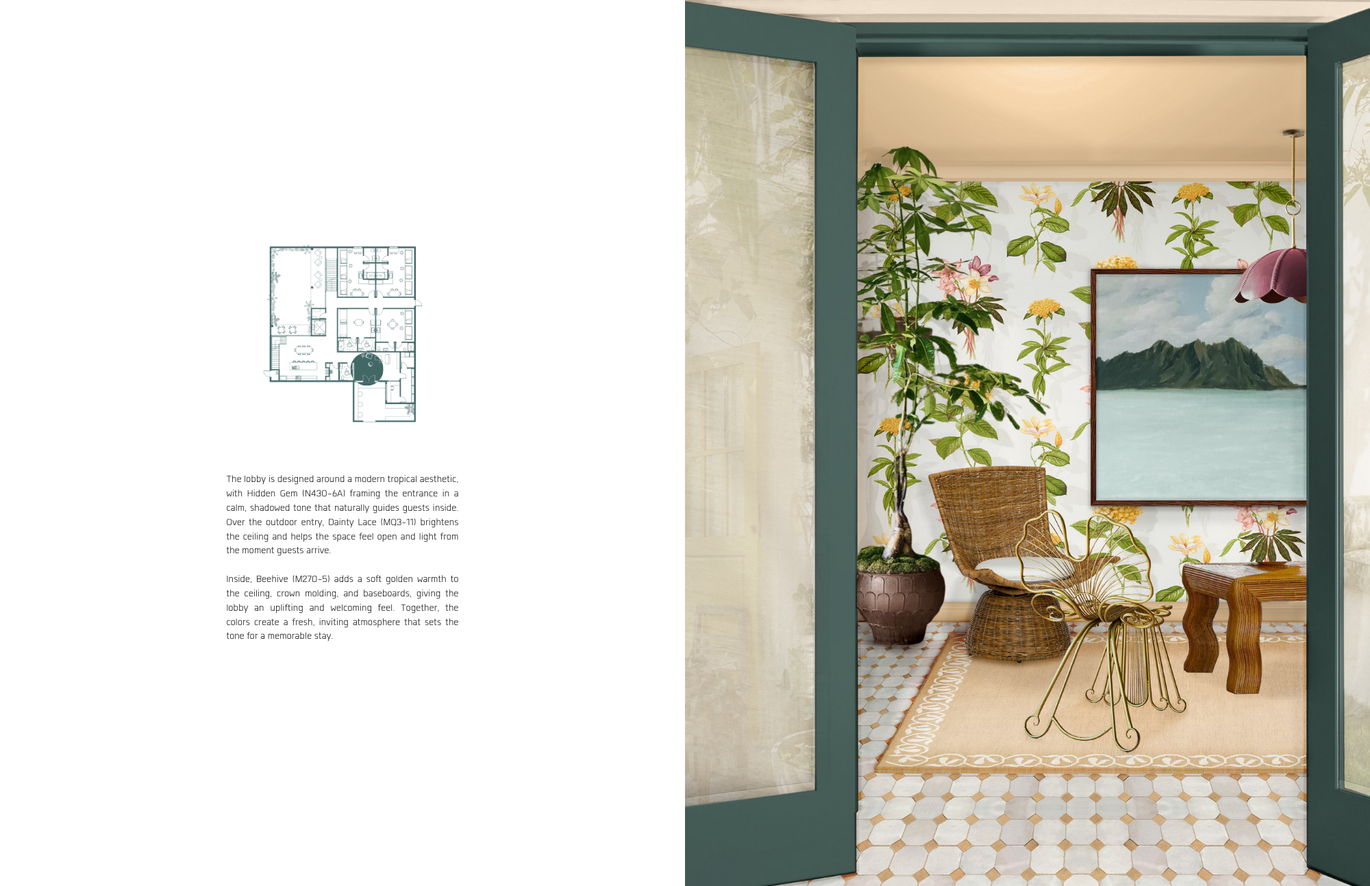 Lobby rendering with tropical wallpaper, rattan seating, plants, patterned tile flooring,
and framed landscape artwork, with small floor plan indicating lobby location.