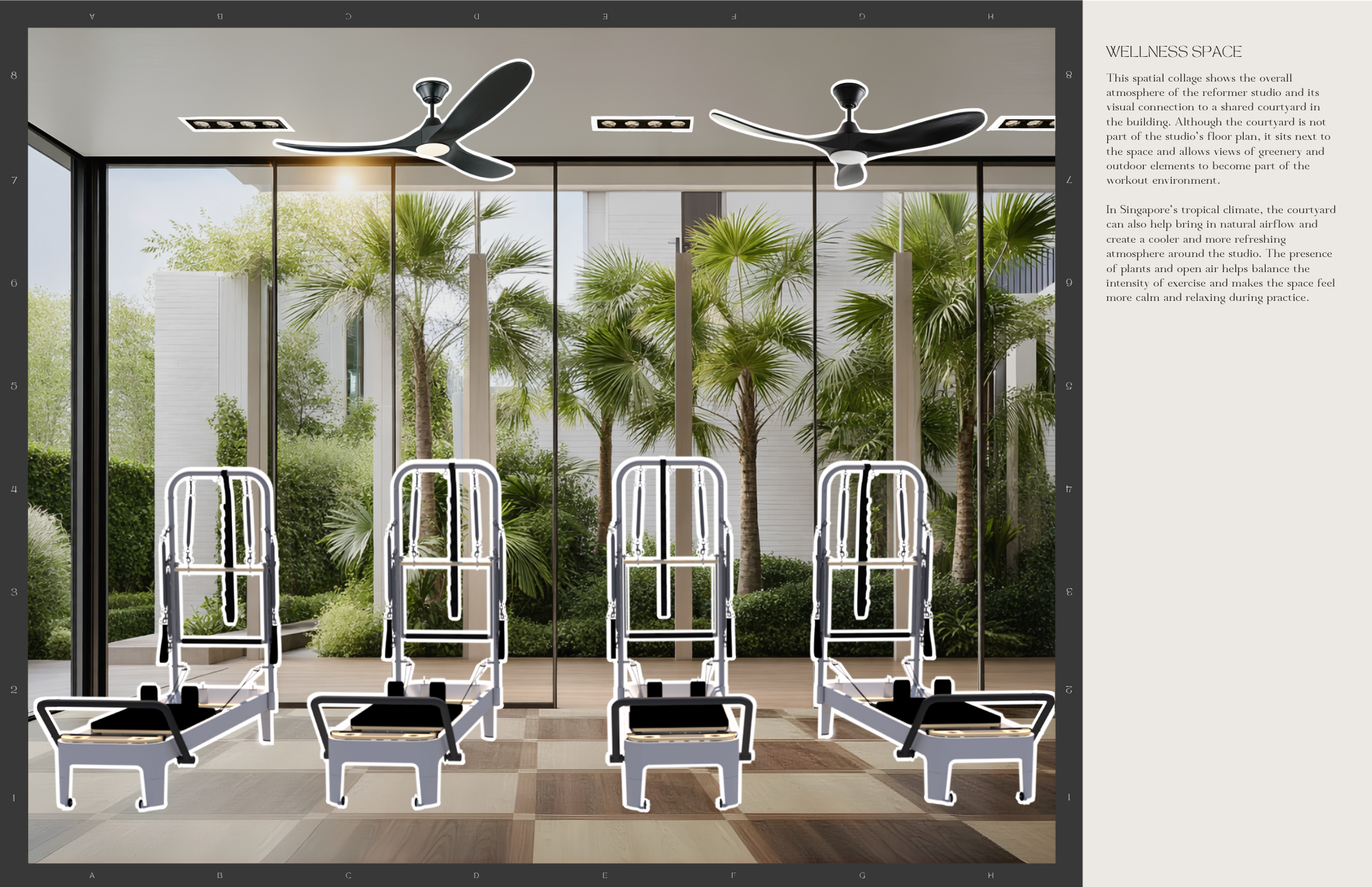 Wellness studio with reformer machines facing floor-to-ceiling windows overlooking a
tropical courtyard, with ceiling fans and natural light emphasizing indoor–outdoor
connection.