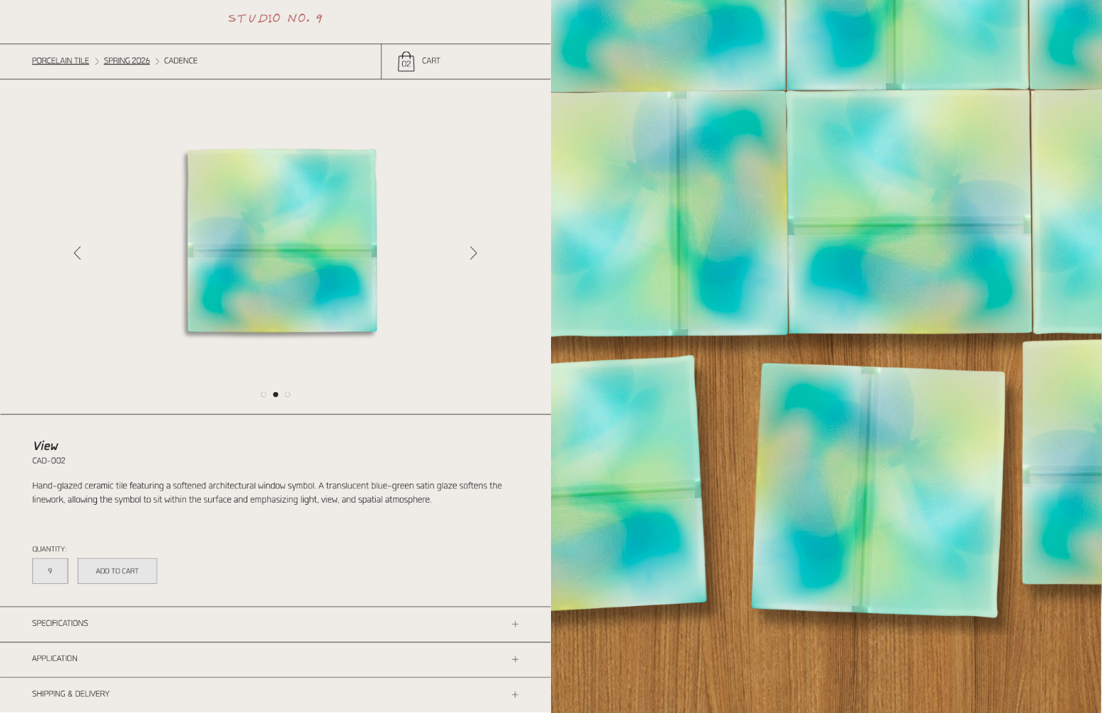 Ceramic tile product page showing square tiles with translucent blue and green glaze and embossed window symbol, displayed individually and arranged on wood surface.