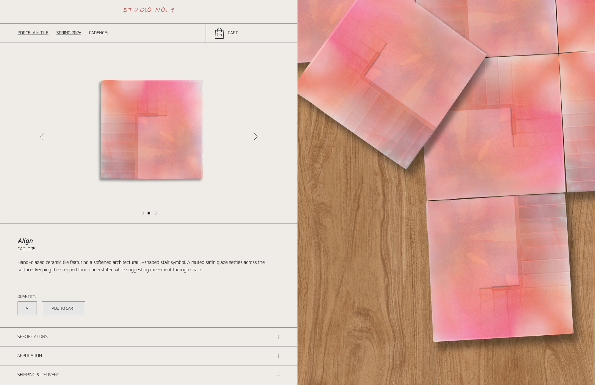 Ceramic tile product page showing square tiles with muted pink glaze and embossed
stair symbol, displayed individually and arranged on wood surface.