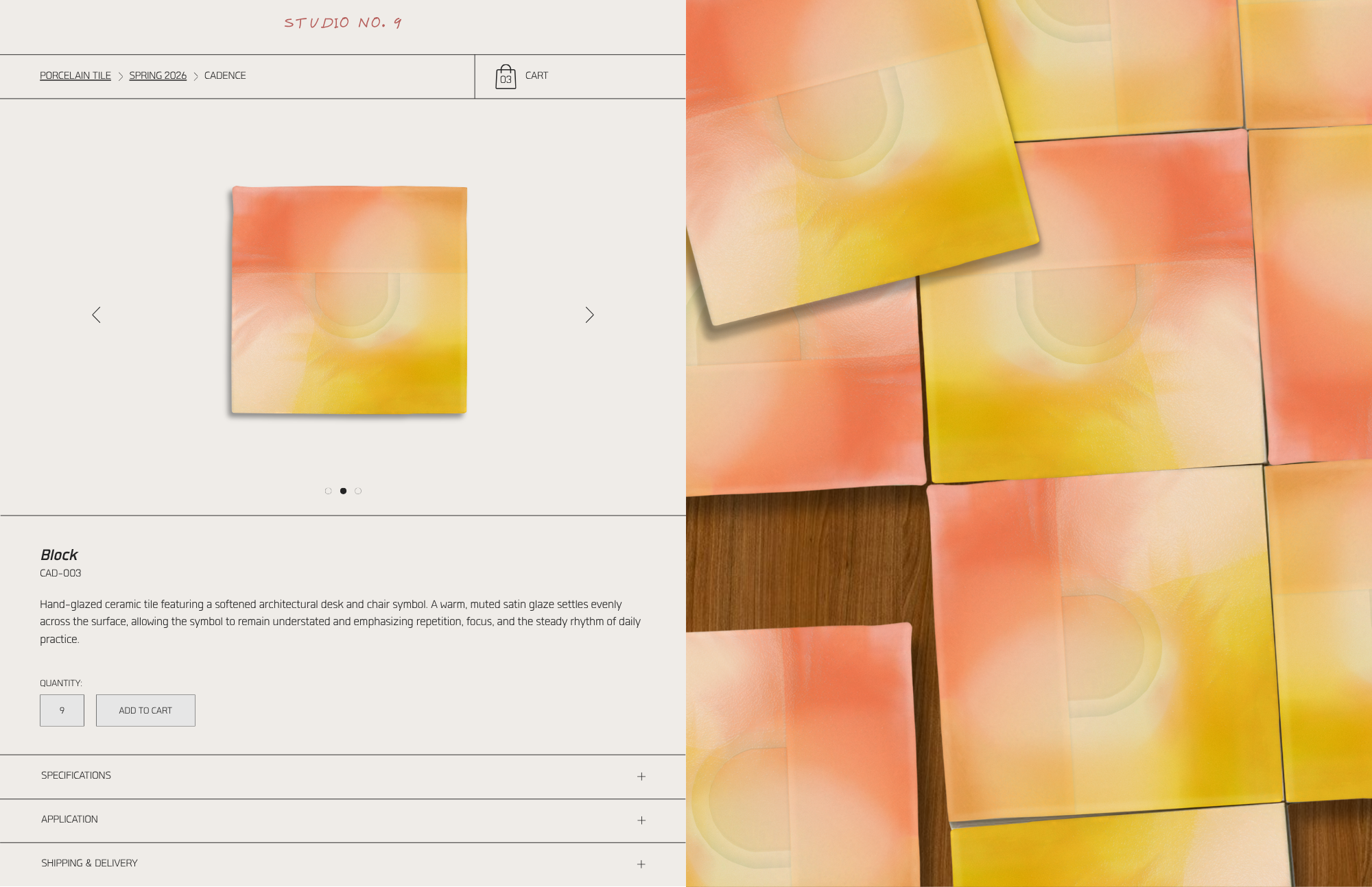 Ceramic tile product page showing square tiles with warm orange and yellow glaze and
embossed desk symbol, displayed individually and arranged on wood surface.