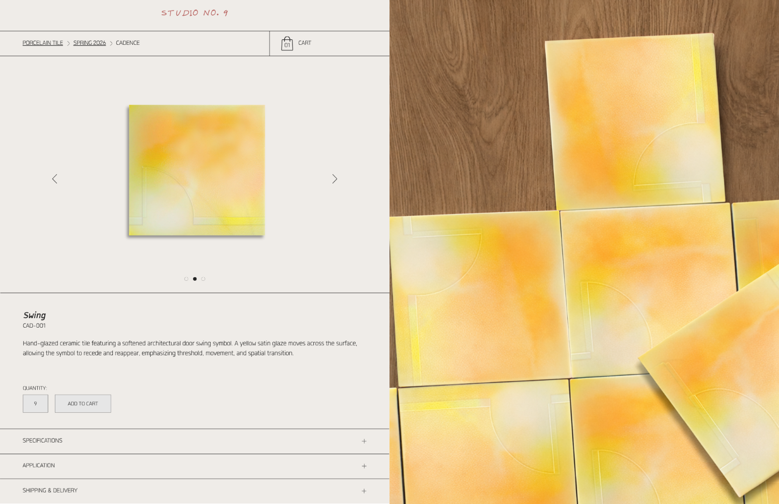 Ceramic tile product page showing square tiles with soft yellow and orange glaze and embossed door swing symbol, displayed individually and arranged on wood surface.