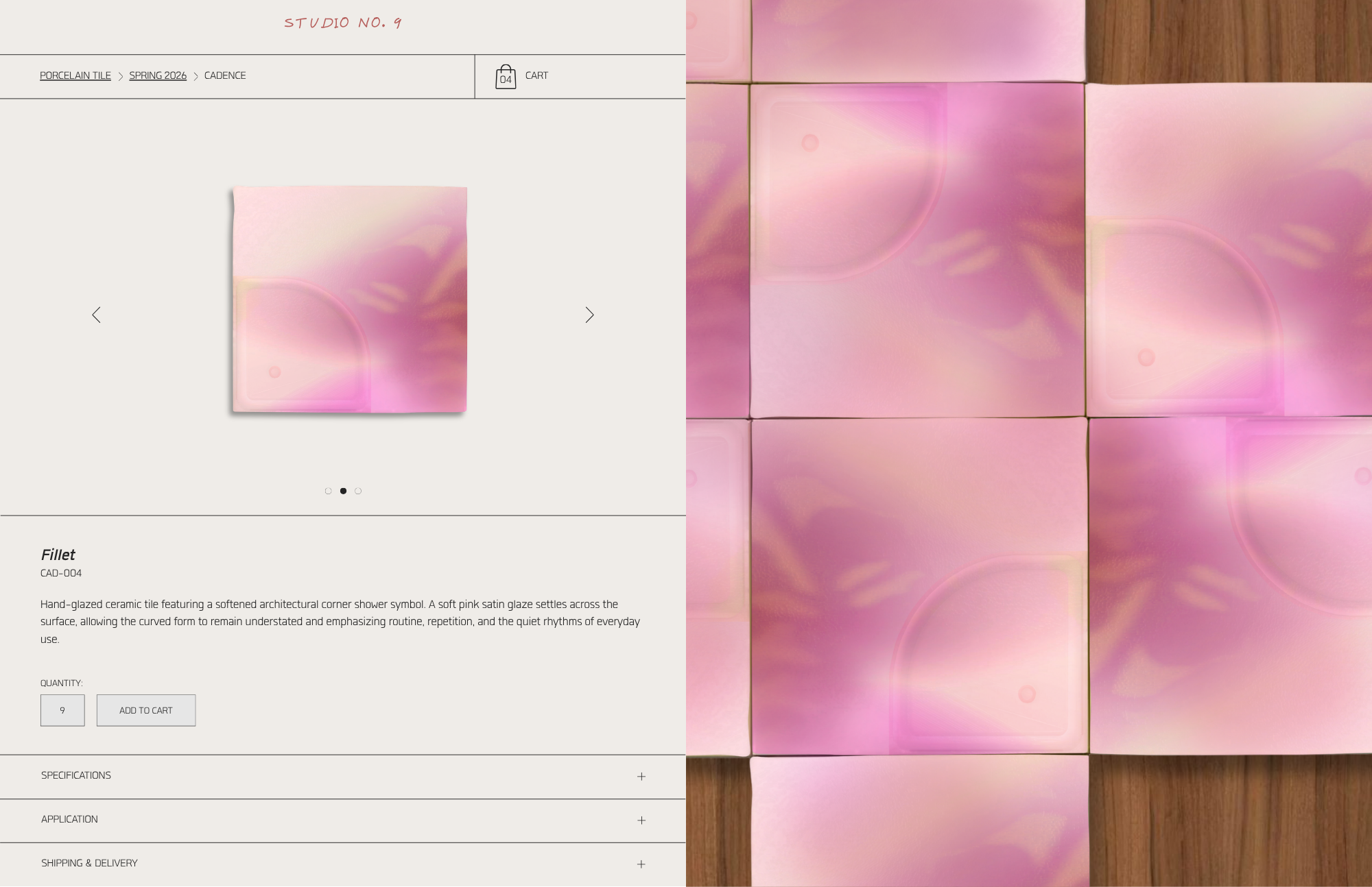 Ceramic tile product page showing square tiles with soft pink glaze and embossed corner
shower symbol, displayed individually and arranged on wood surface.