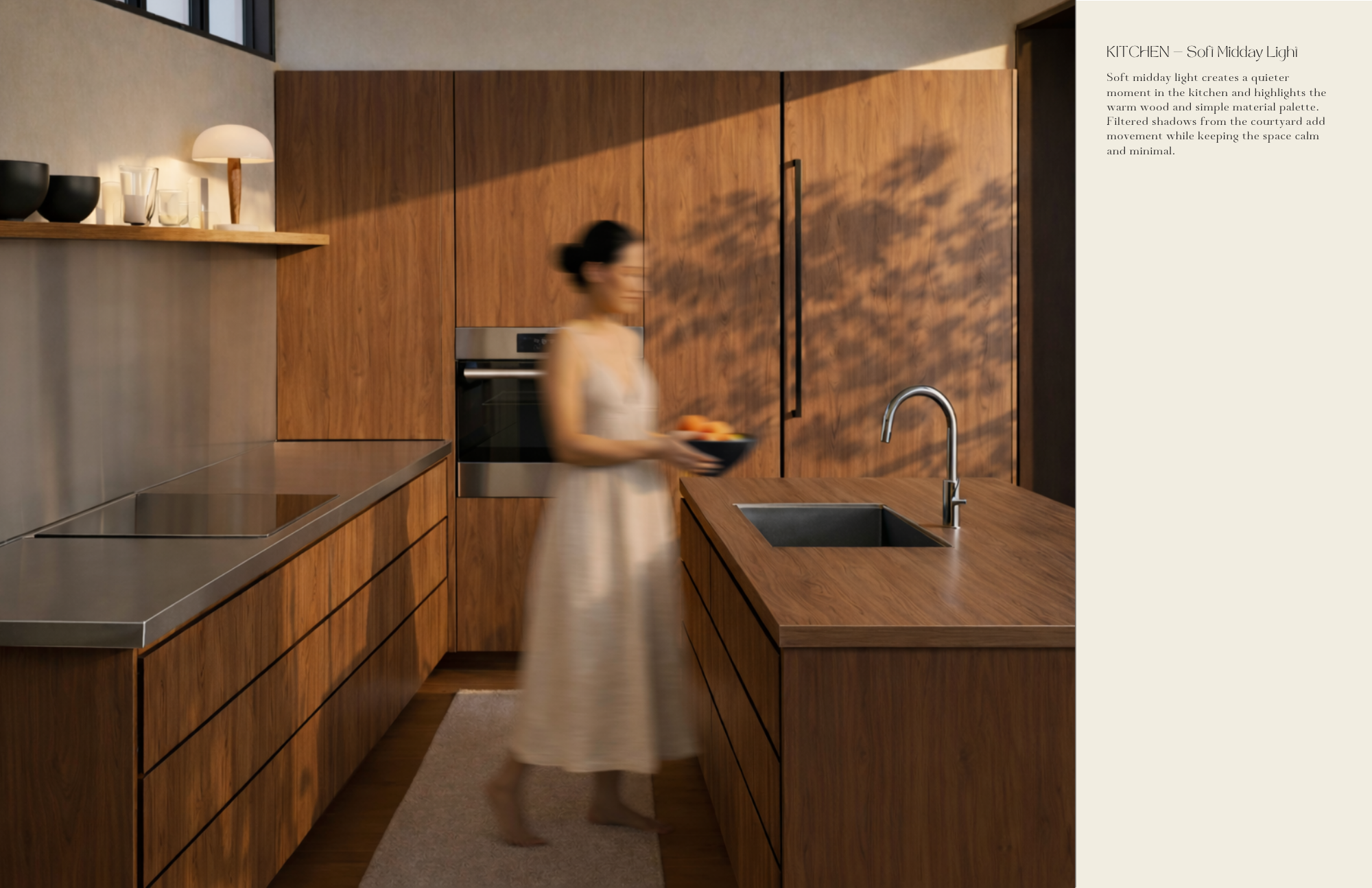 Kitchen rendering with warm wood cabinetry, island sink, and soft midday light casting
shadows, with blurred figure in motion emphasizing calm, minimal atmosphere.