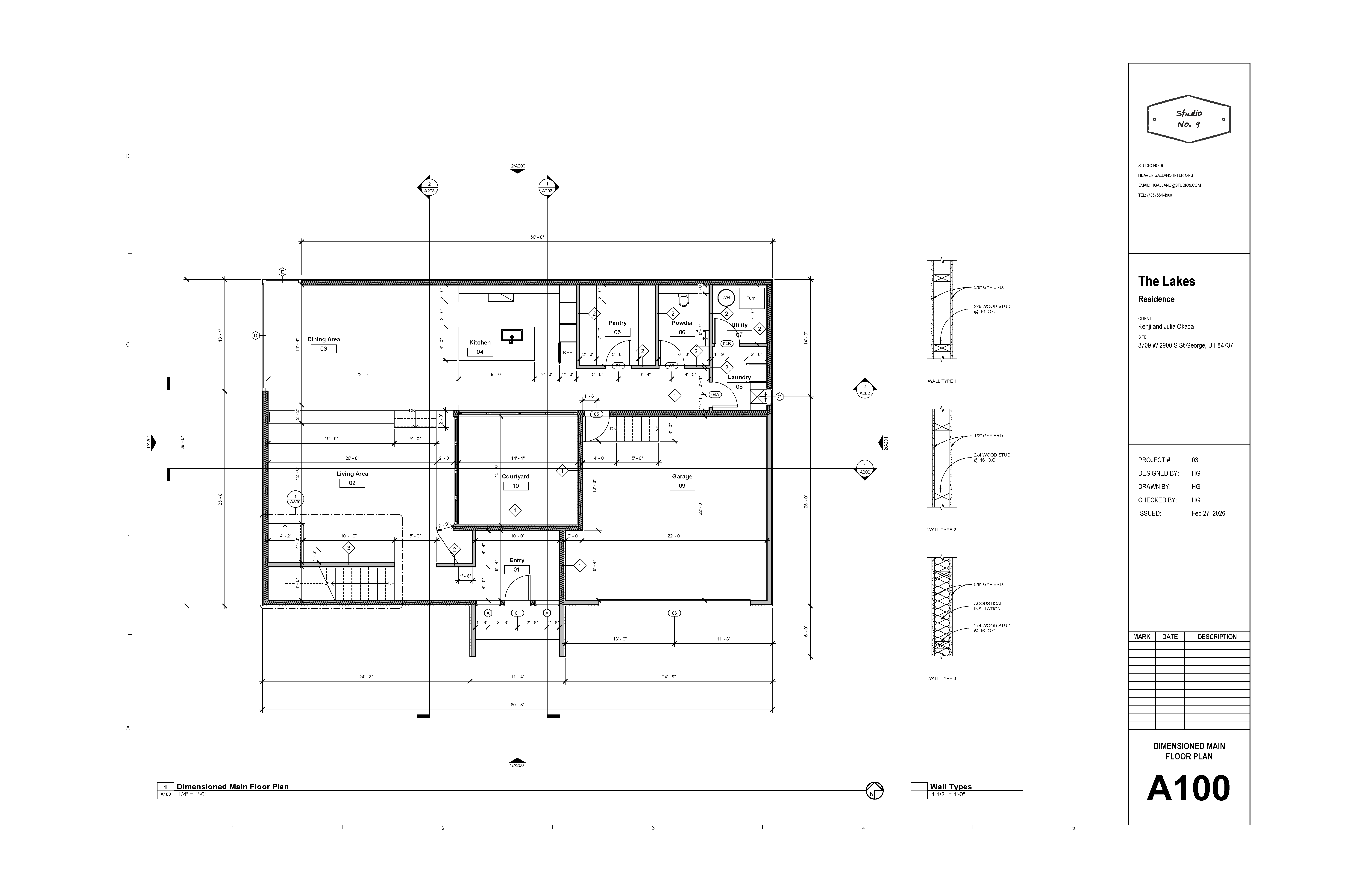 Dimensioned main floor plan for “The Lakes” residence showing kitchen, living, dining,
courtyard, garage, and support spaces with annotations and title block labeled A100.