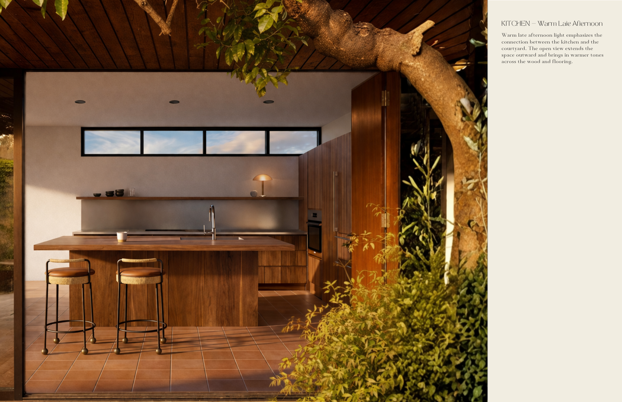 Kitchen rendering viewed from courtyard with warm late afternoon light, wood cabinetry,
island seating, and indoor–outdoor connection framed by tree and greenery.