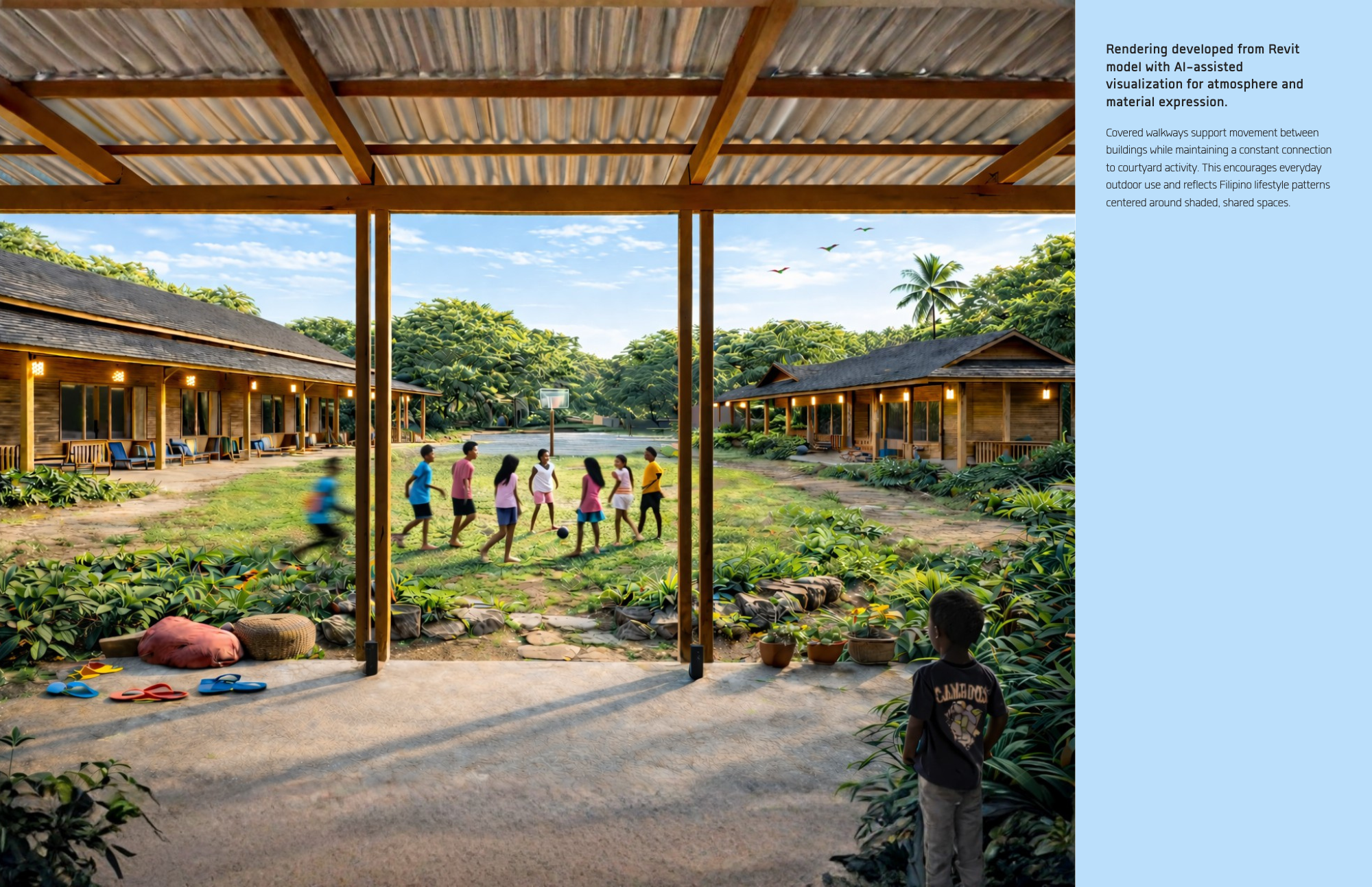 View from covered walkway toward courtyard with children playing, three surrounding
buildings, and tropical landscaping emphasizing shaded circulation and shared outdoor space.