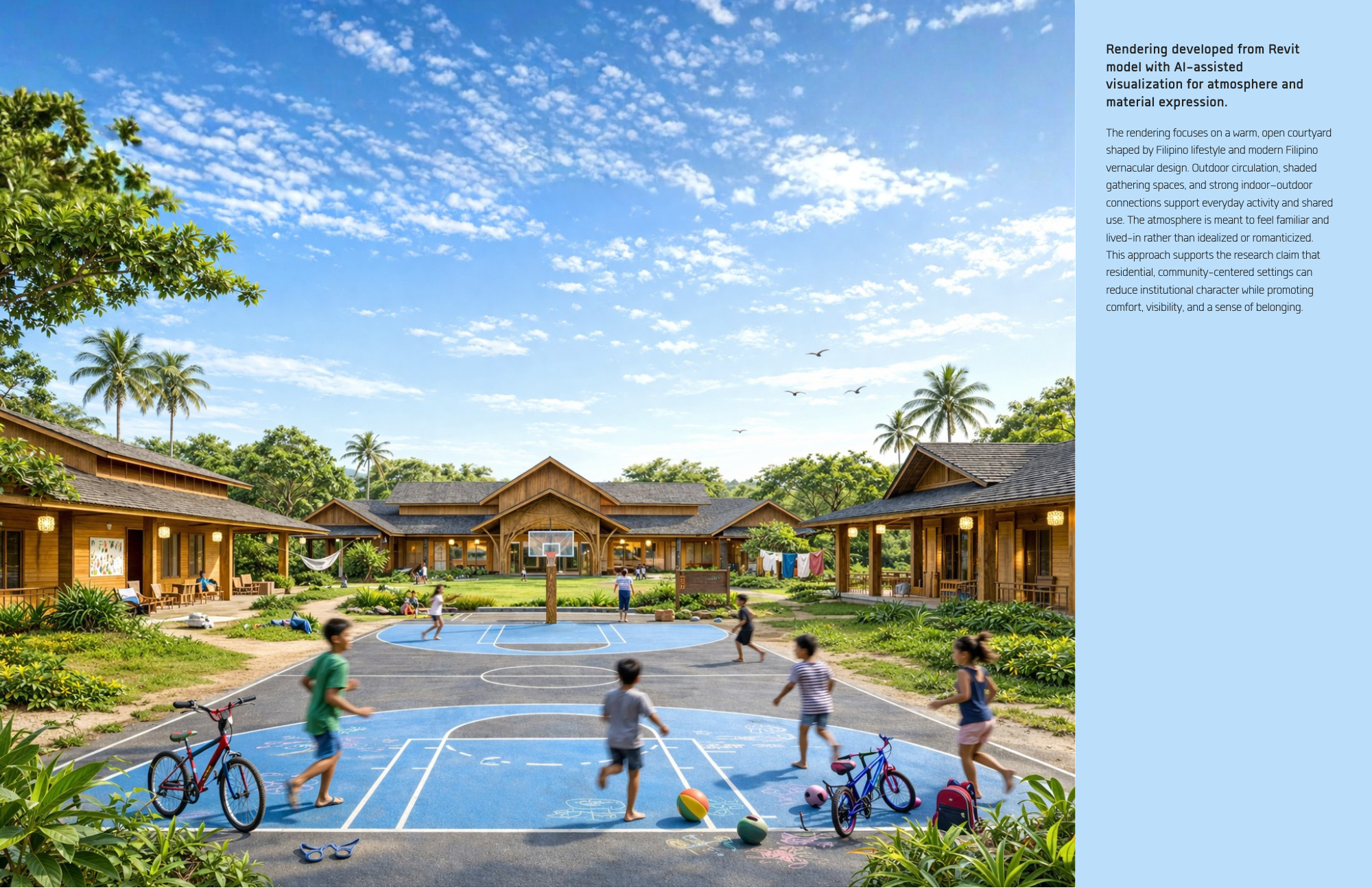 Courtyard rendering of three-building orphanage with central basketball court, children
playing, shaded walkways, and tropical landscaping emphasizing shared outdoor
community space.