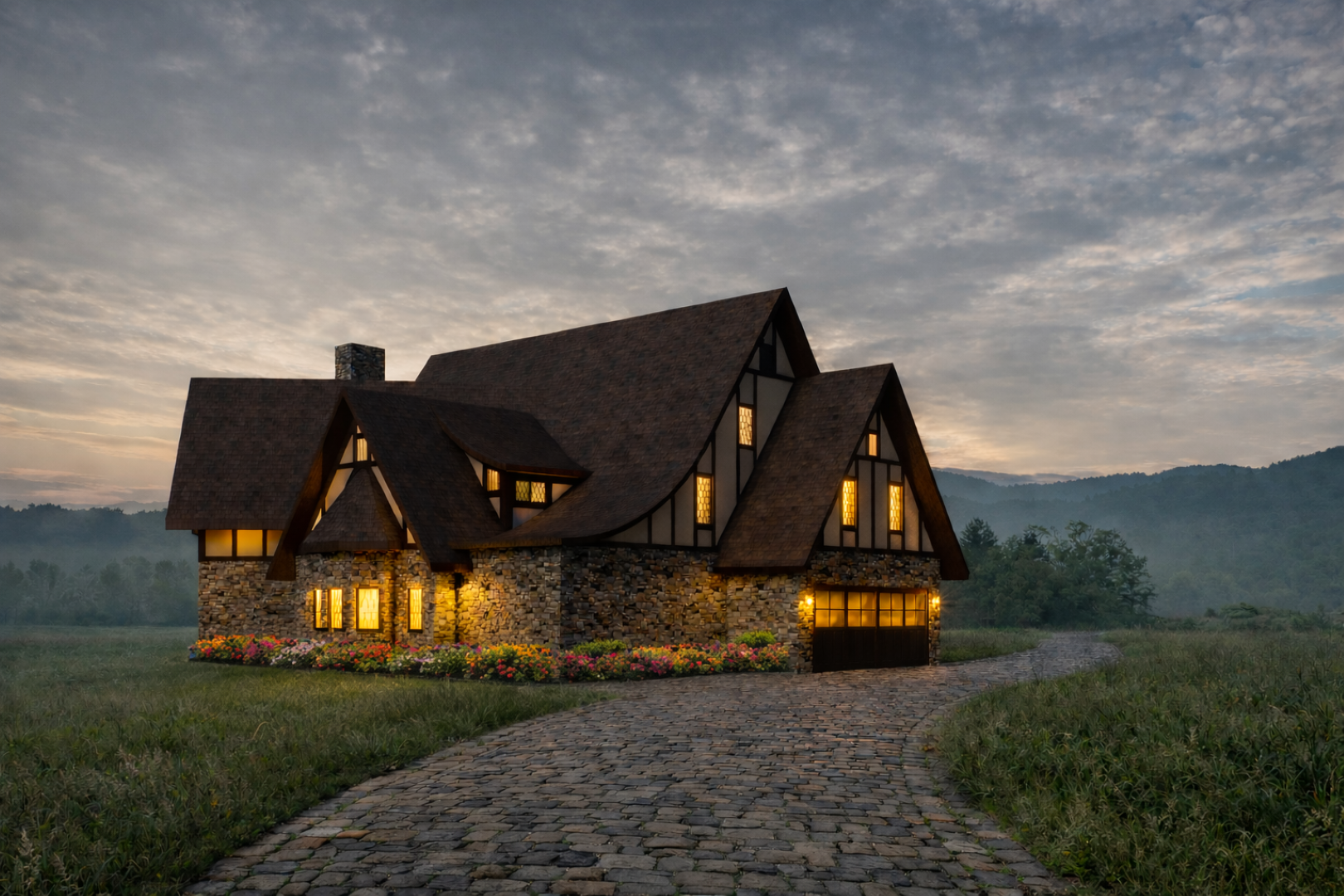 xterior rendering of a residential cottage at dusk, featuring stone veneer,
steeply pitched rooflines, and decorative half-timbering, showing the garage on the right and
the master bedroom on the left with the guest bedroom above.