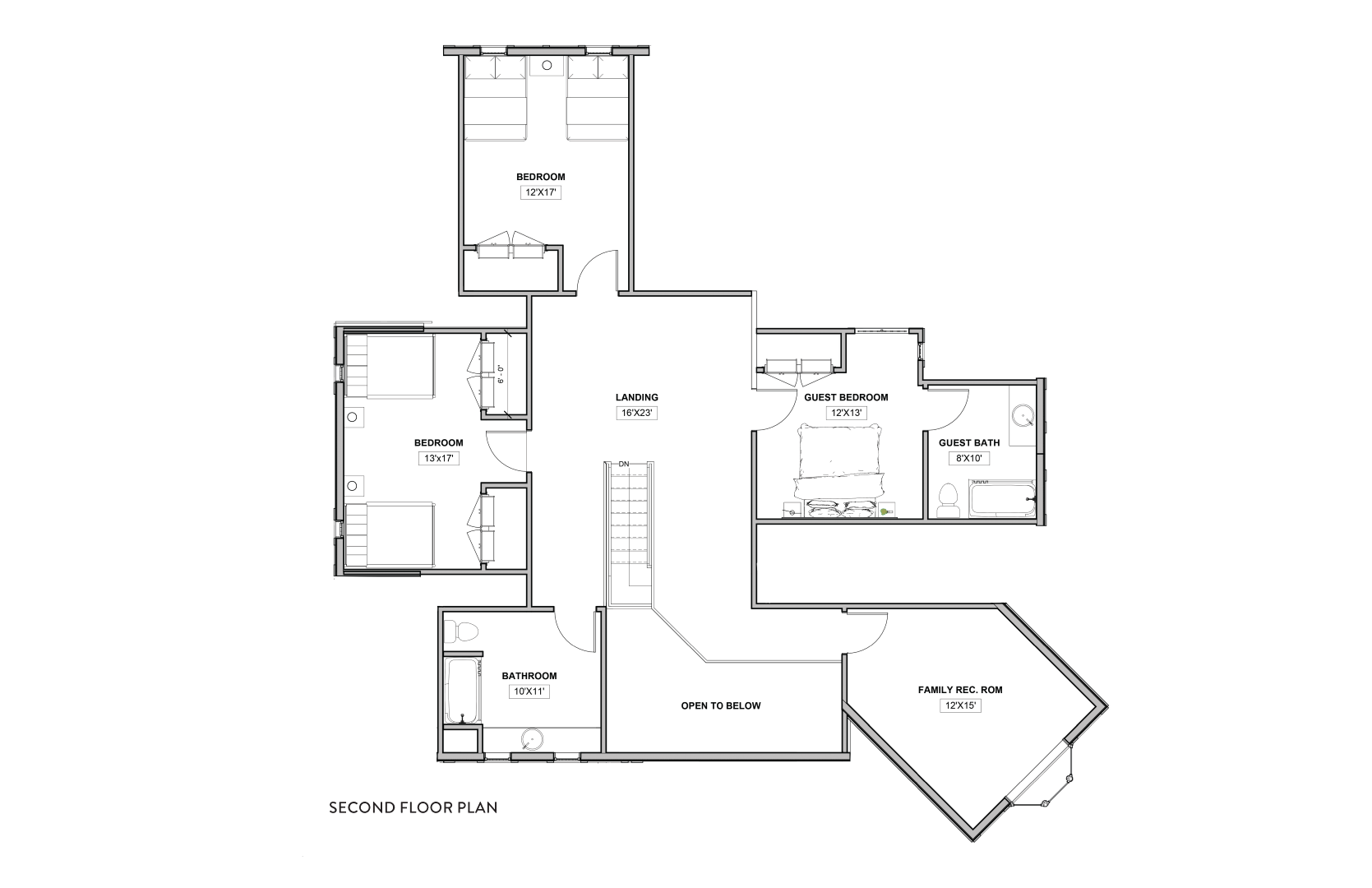 Second floor plan of a residential cottage showing multiple bedrooms,
including a guest bedroom, shared and guest bathrooms, a central landing with staircase, an
open-to-below space, and a family recreation room.