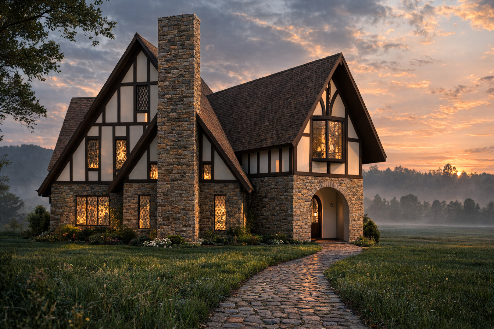 Exterior rendering of a residential cottage at an angle, featuring stone veneer, steeply pitched rooflines, and decorative half-timbering, showing the arched main entry, adjacent sitting room, and the dining room side of the home.