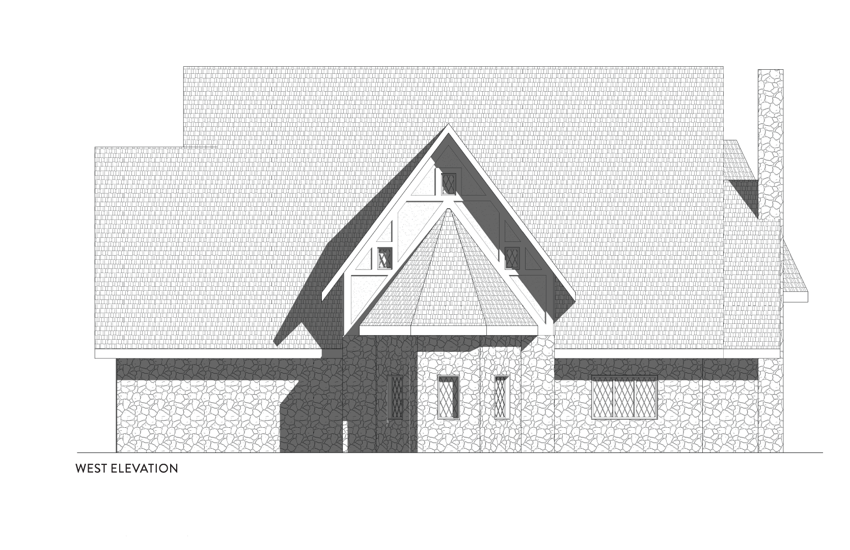 West elevation of a residential cottage featuring stone veneer, steeply pitched
rooflines, and decorative half-timbering, with the garage on the left, a central projecting
breakfast nook with bedroom windows above, and the dining room located on the right.